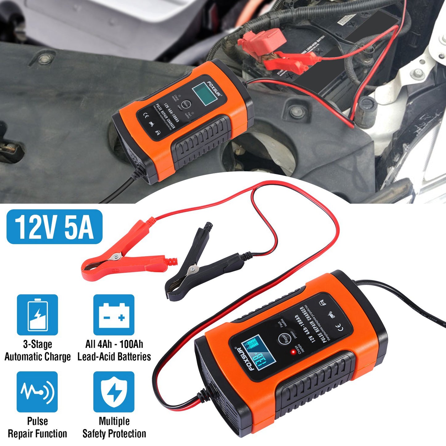 12V 5A Battery Charger with LCD Display and Pulse Repair