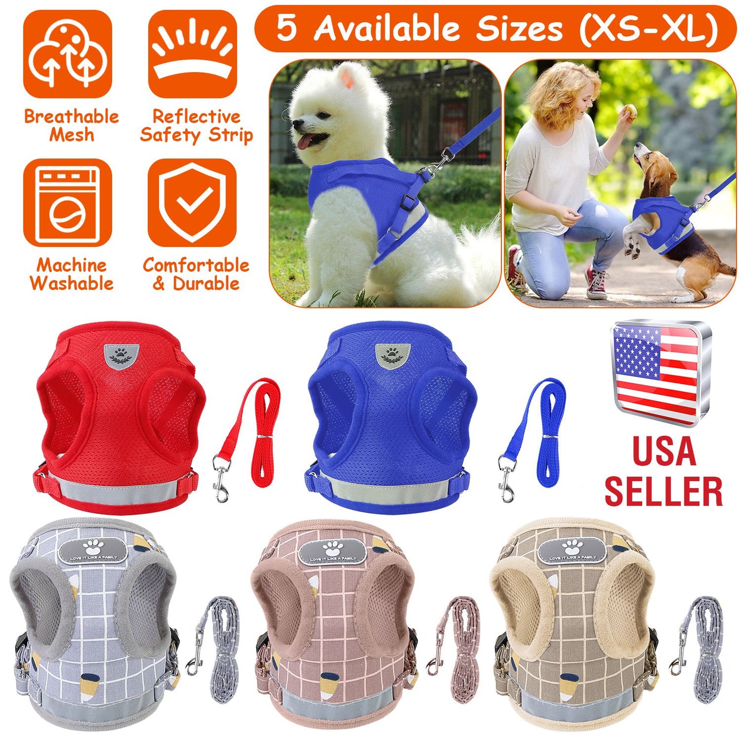 Reflective Dog Harness and Leash Set with Adjustable Mesh Vest