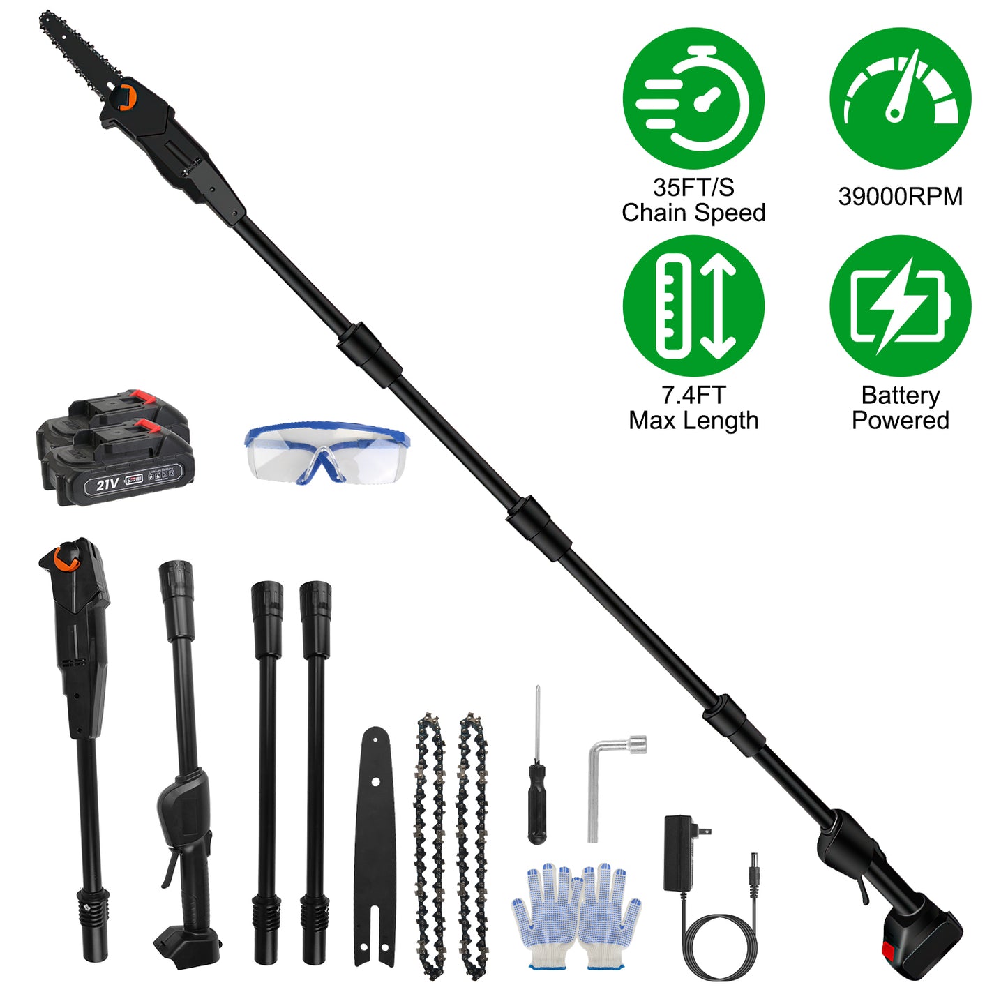 Cordless Pole Saw 6in Extendable 7.4ft with 2 Batteries