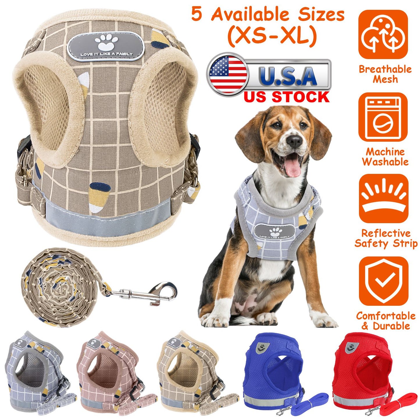 Reflective Dog Harness and Leash Set with Adjustable Mesh Vest