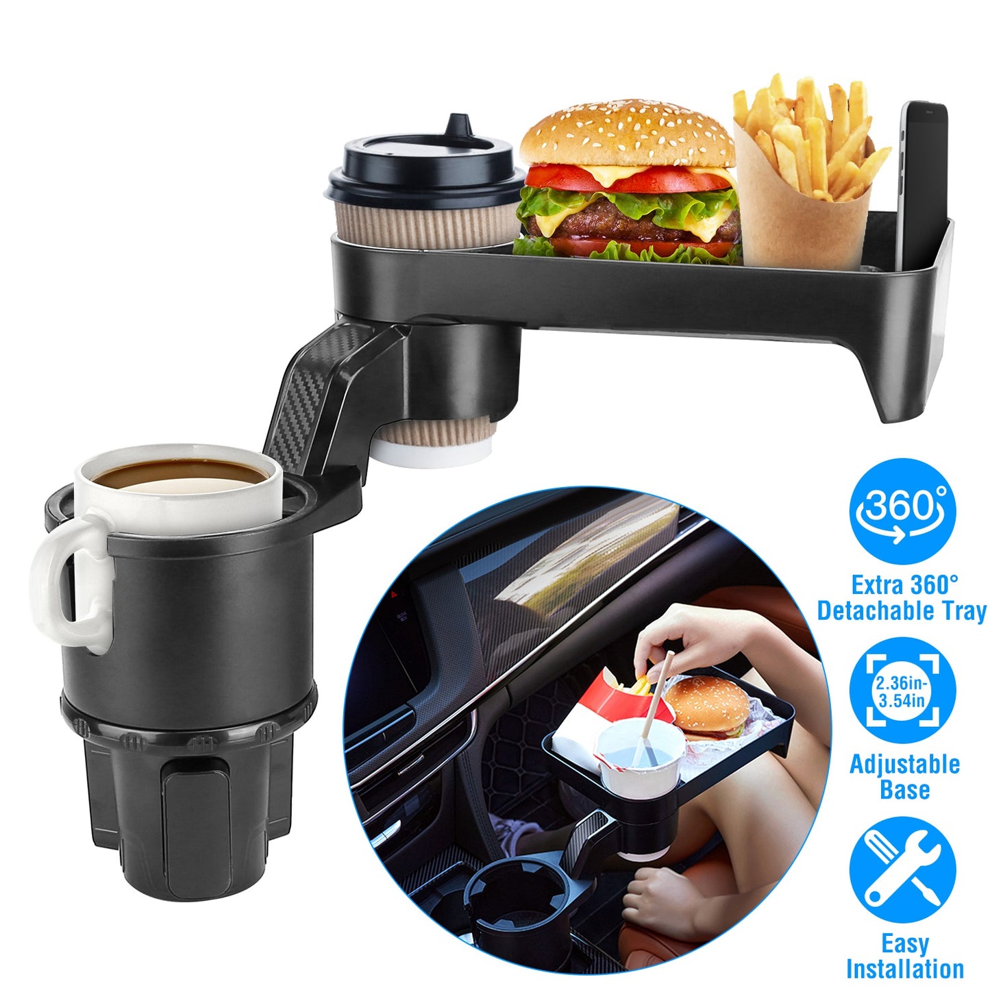 Car Cup Holder Tray with 360° Rotating Organizer