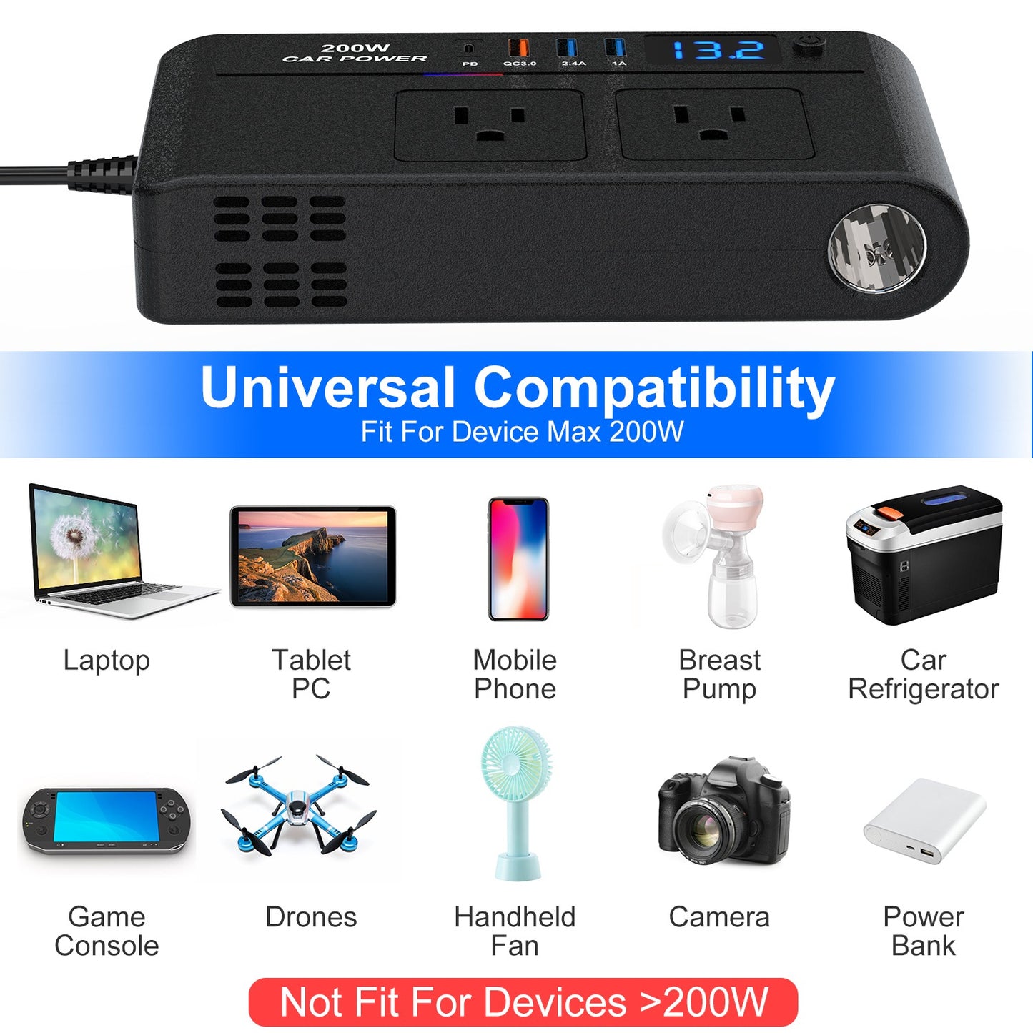 200W Car Power Inverter DC 12V to AC 110V with USB Ports