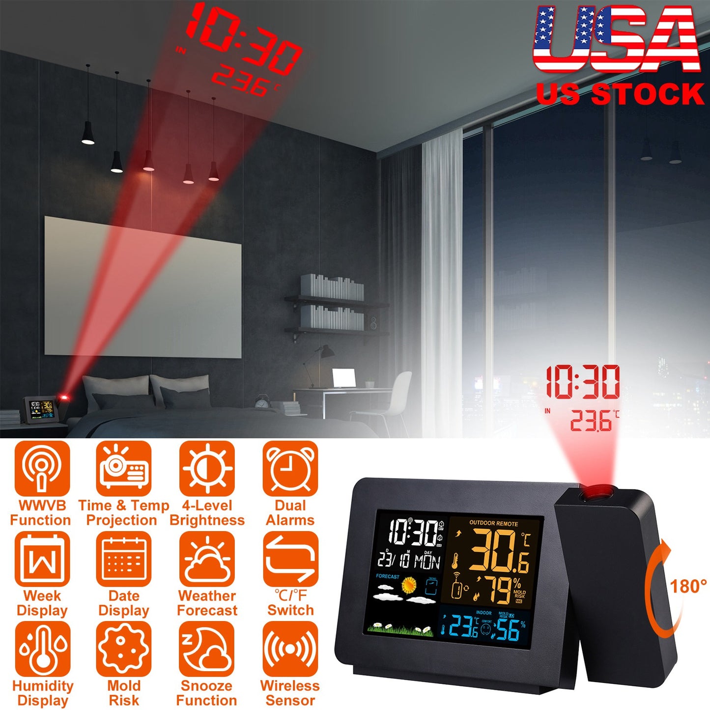 Atomic Projection Alarm Clock with Weather Station & Dual Alarms