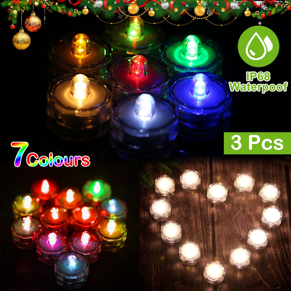 Submersible LED Tea Lights - Waterproof Battery Operated (3-Pack)