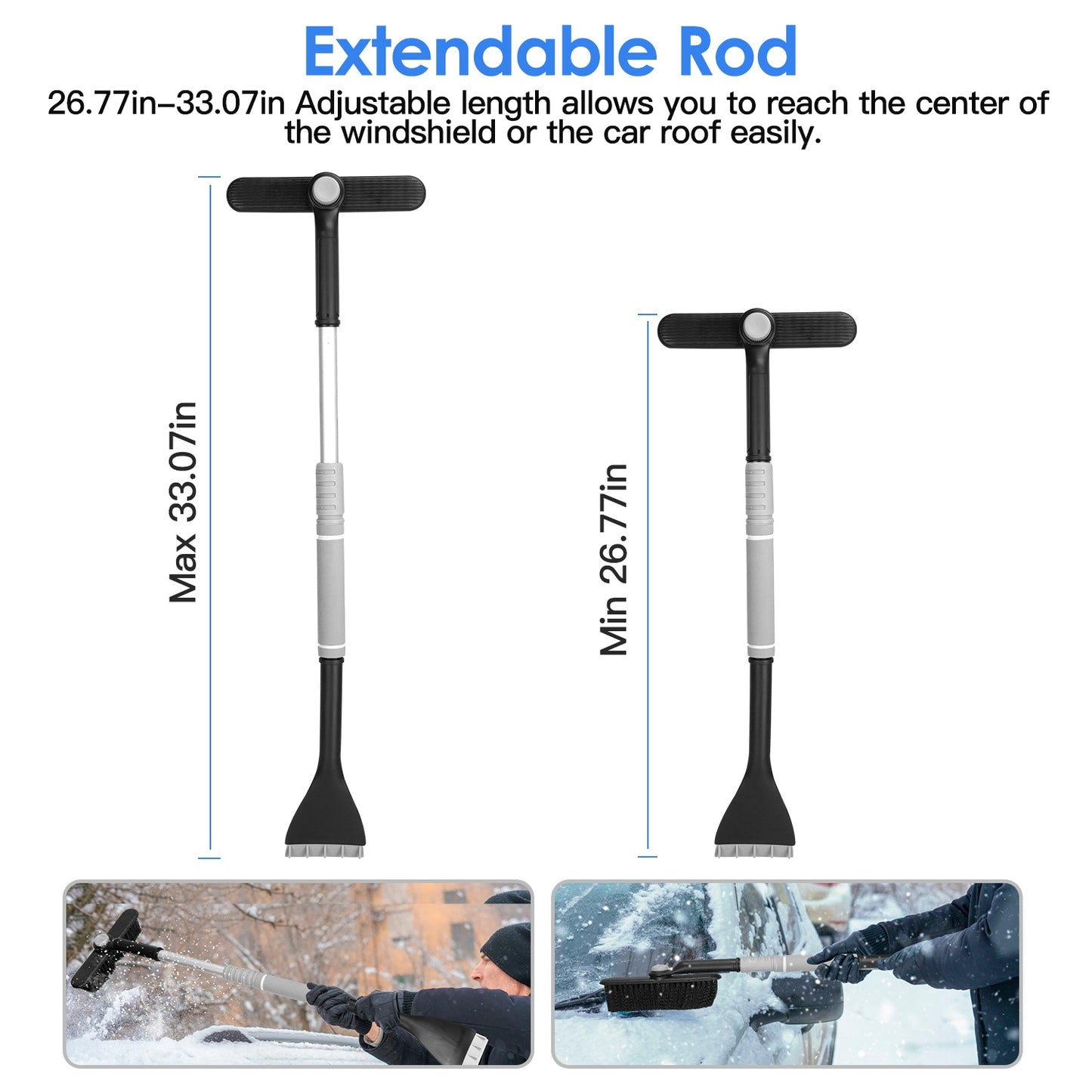 Extendable Snow Brush and Ice Scraper with 360° Pivoting Head