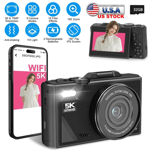 5K Digital Camera with 75MP, WiFi & 18X Zoom