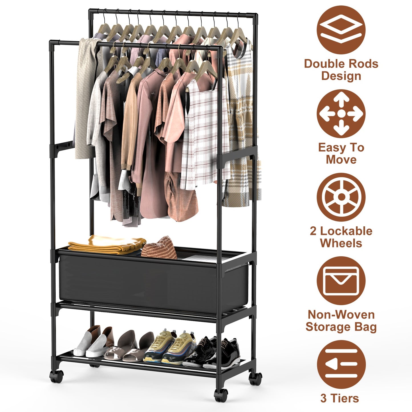 Double Rod Garment Rack with Storage Bag and Lockable Wheels