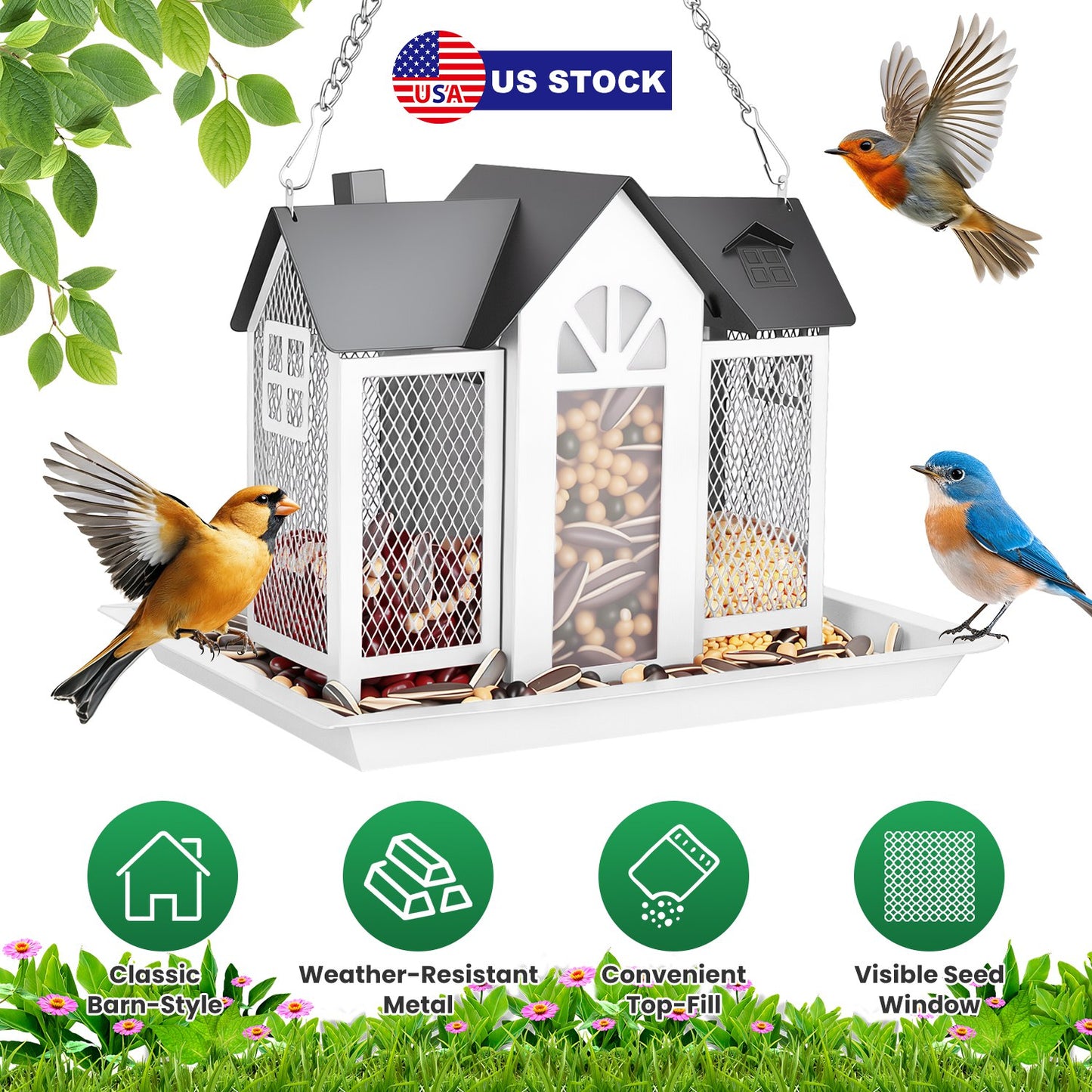 Barn Bird Feeder with Transparent Window & Lift Top Lid