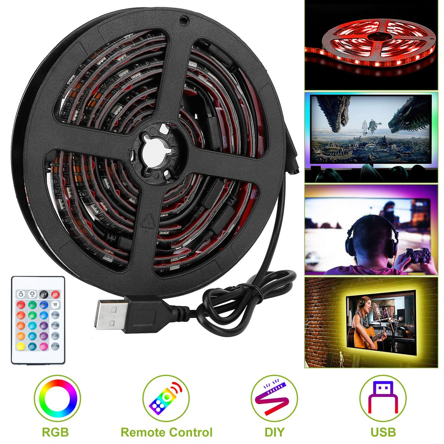 RGB LED TV Backlight Strip 6.56ft with Remote Control