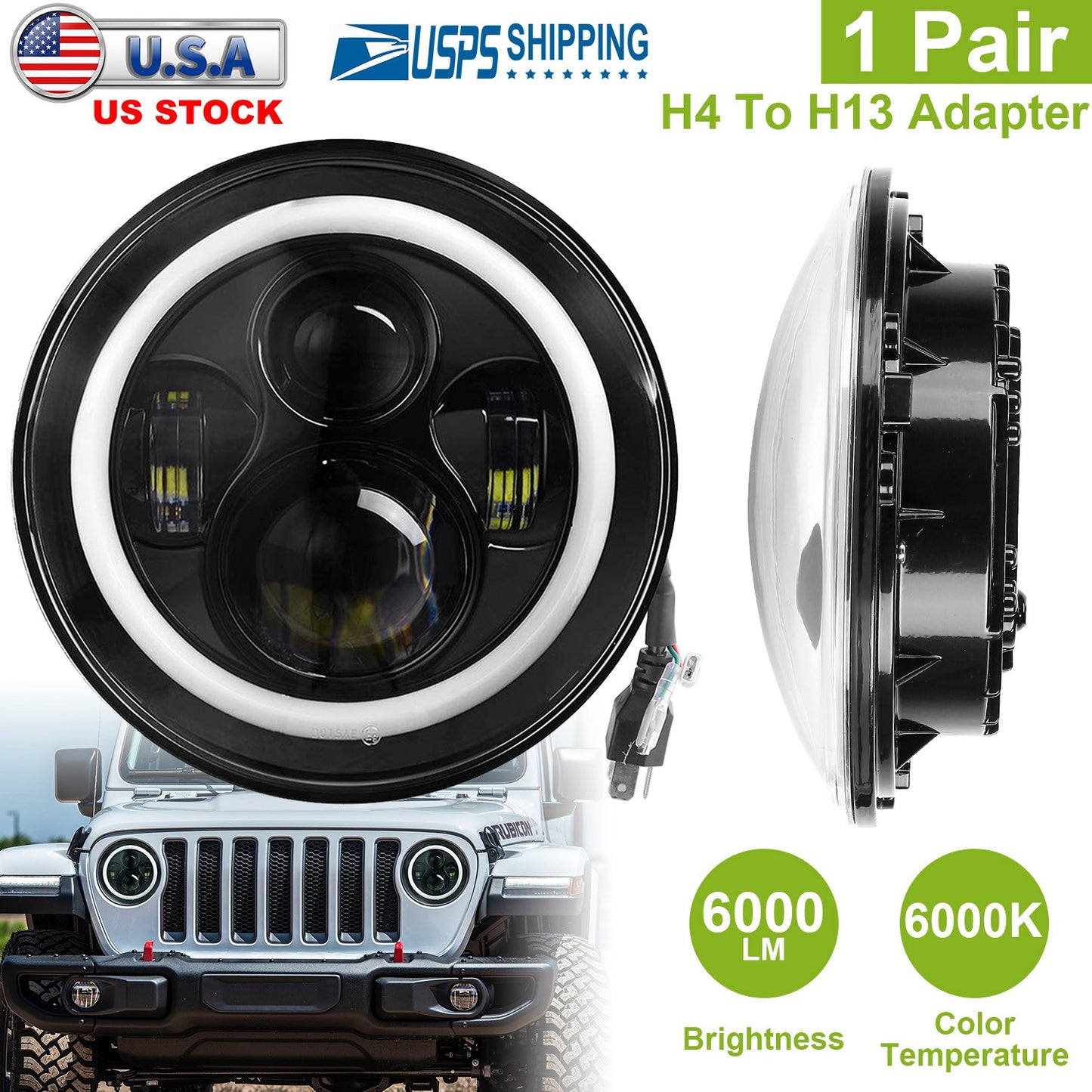 7" Round LED Headlights with Halo Angel Eyes for Jeep Wrangler