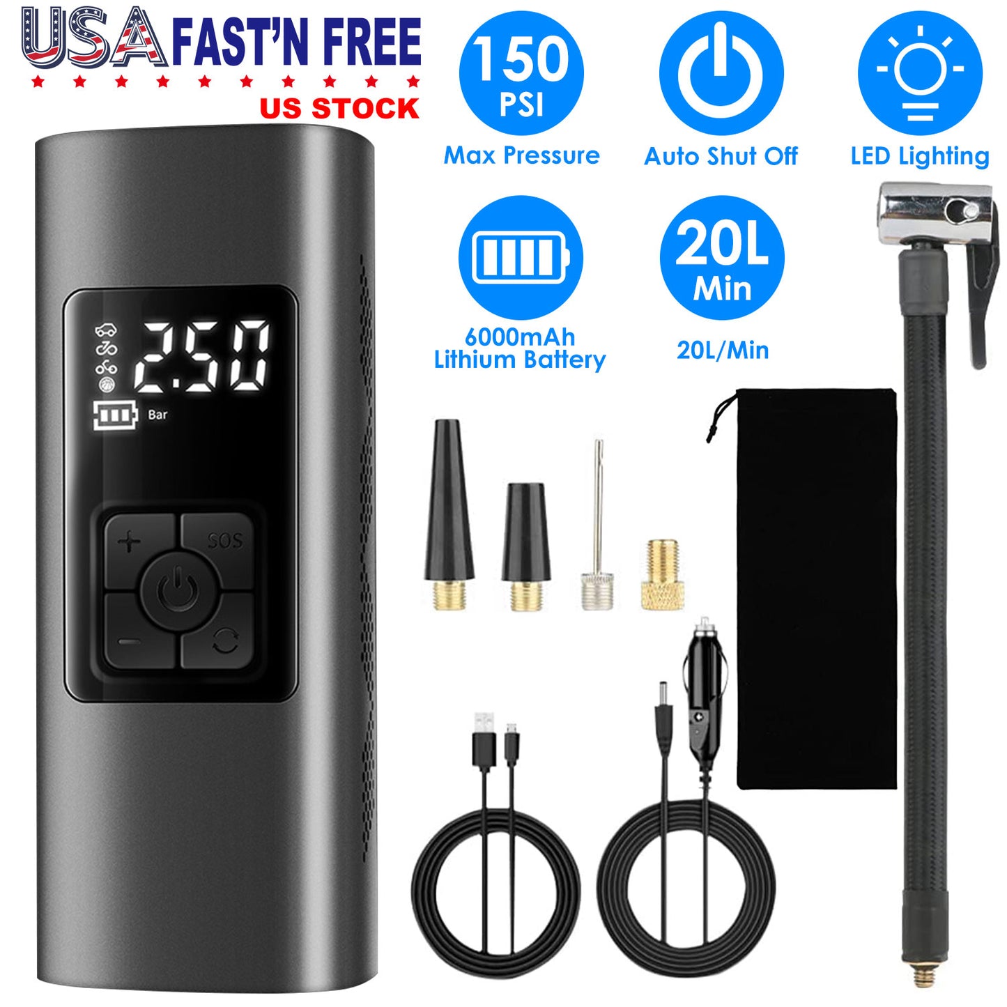 Cordless Tire Inflator 150PSI with 6000mAh Battery