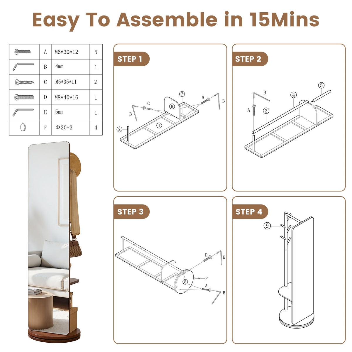 Full Length Rotating Mirror with Coat Rack & Storage Shelf
