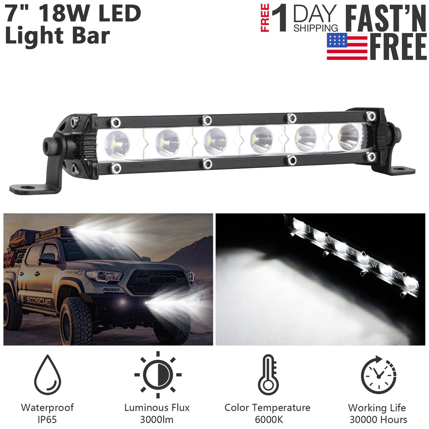 7" LED Light Bar 18W Spot Beam for Offroad Trucks & SUVs