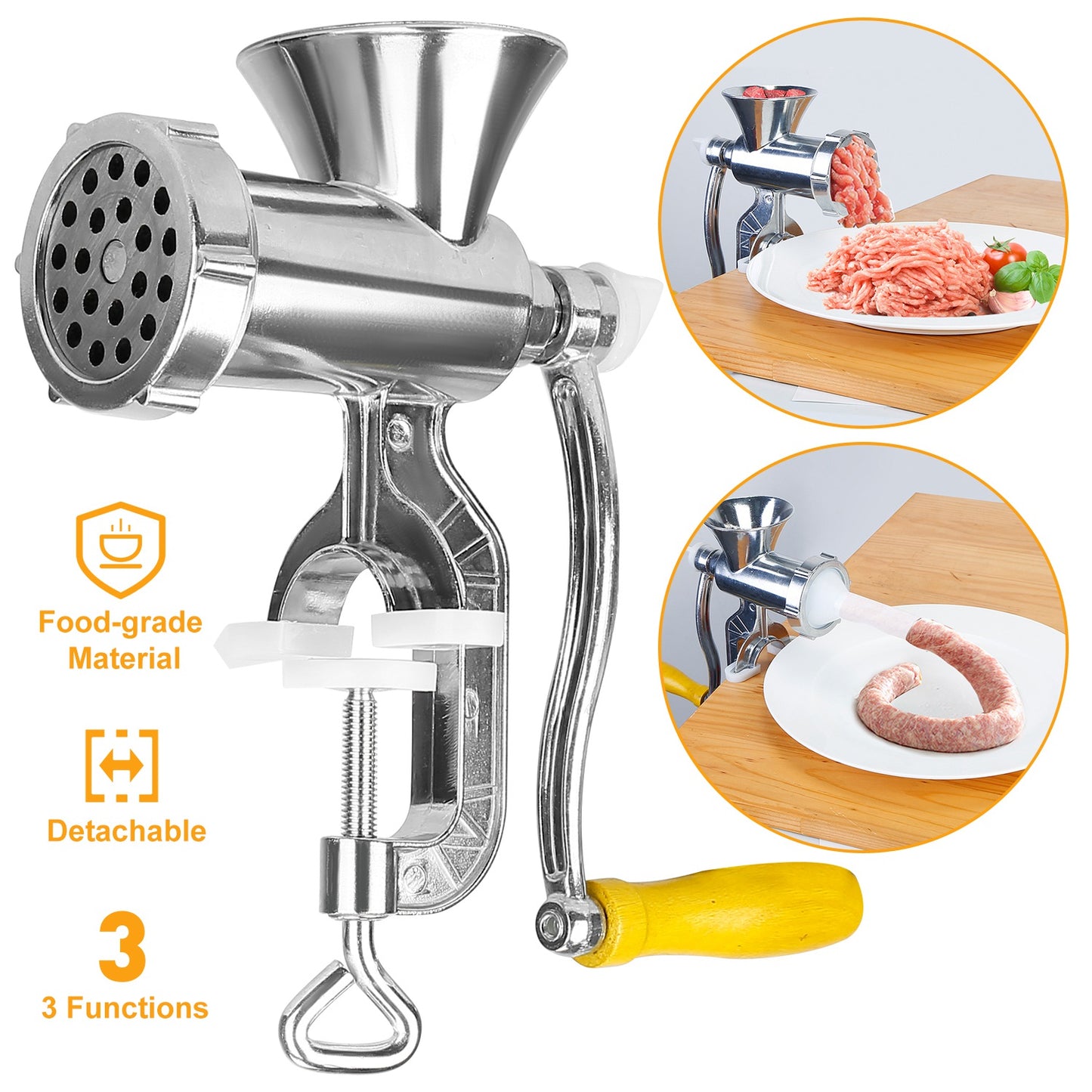 Manual Meat Grinder with Sausage & Noodle Attachments