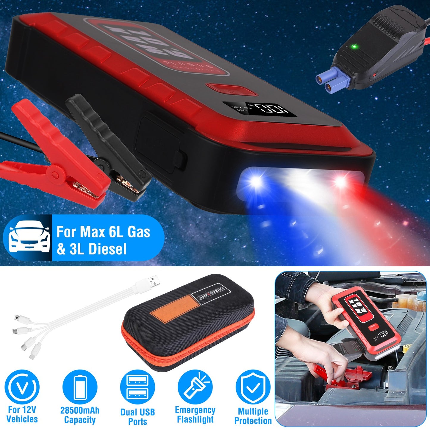 Car Jump Starter 2500A Peak 25800mAh Power Bank with LED Flashlight