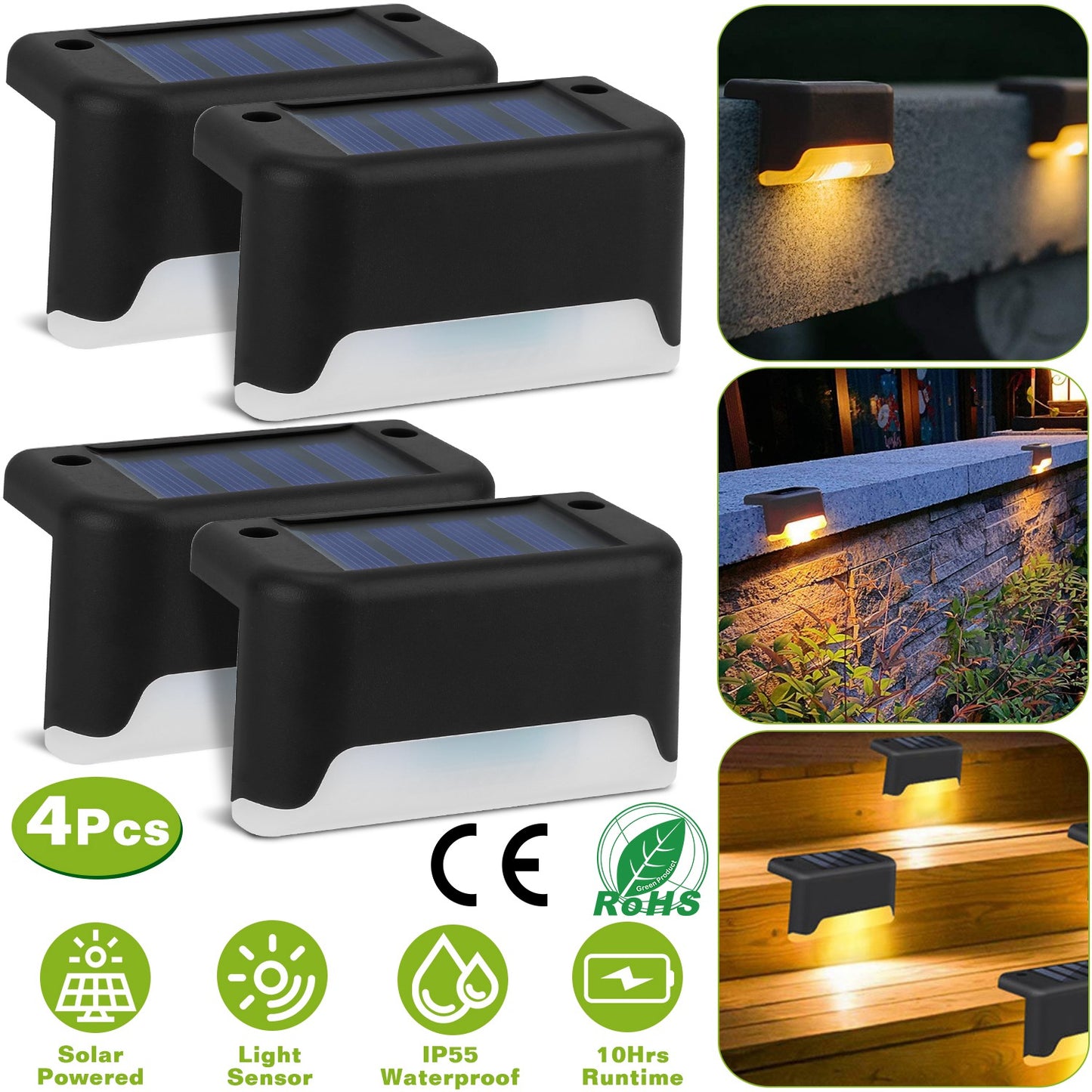 Solar Powered LED Step Lights 4-Pack with Dusk to Dawn Sensor