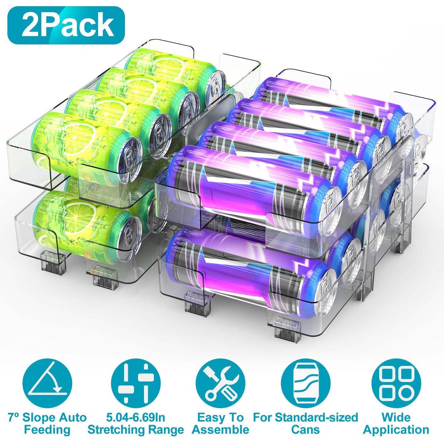 Adjustable Soda Can Organizer 2-Pack with Auto-Rolling Dispenser