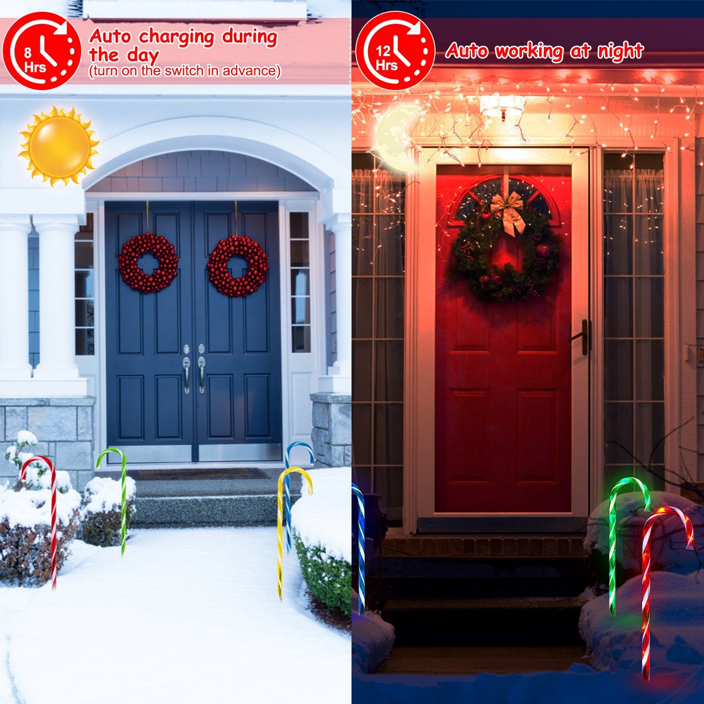 Solar Candy Cane Pathway Lights - 4 Pack with 8 Light Modes