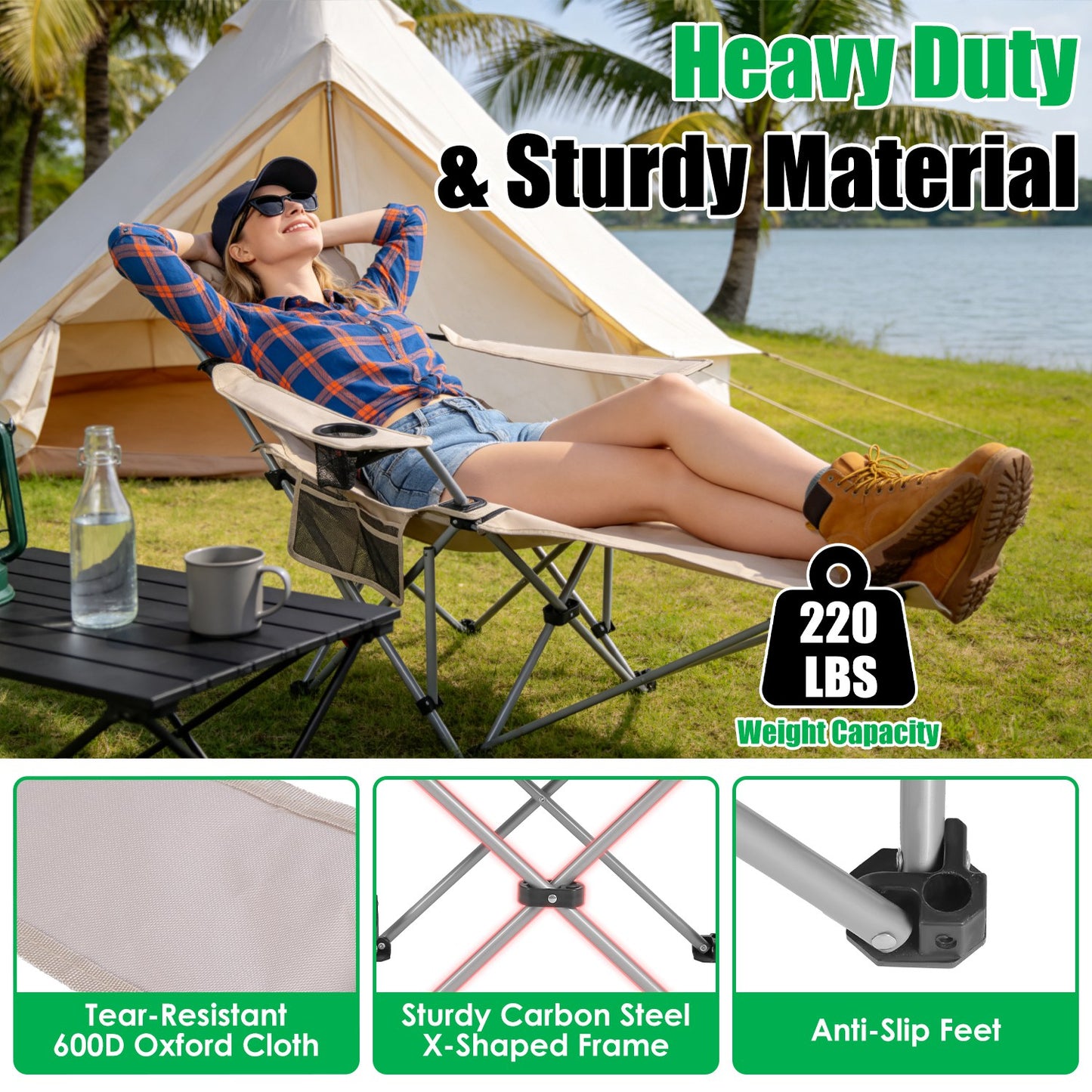 Reclining Camping Chair with Footrest - 4-Position Adjustable