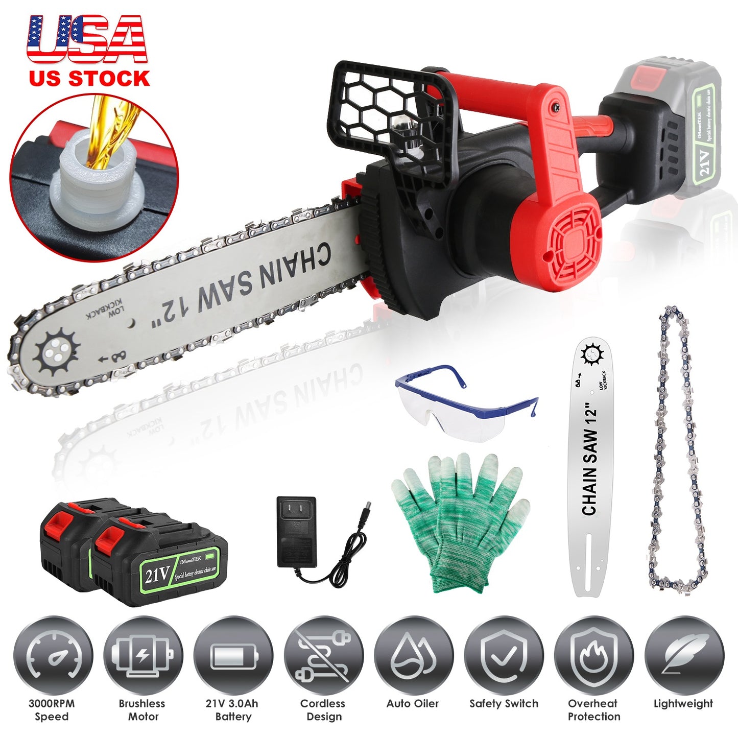 12-Inch Cordless Electric Chainsaw with 2 Batteries & Charger