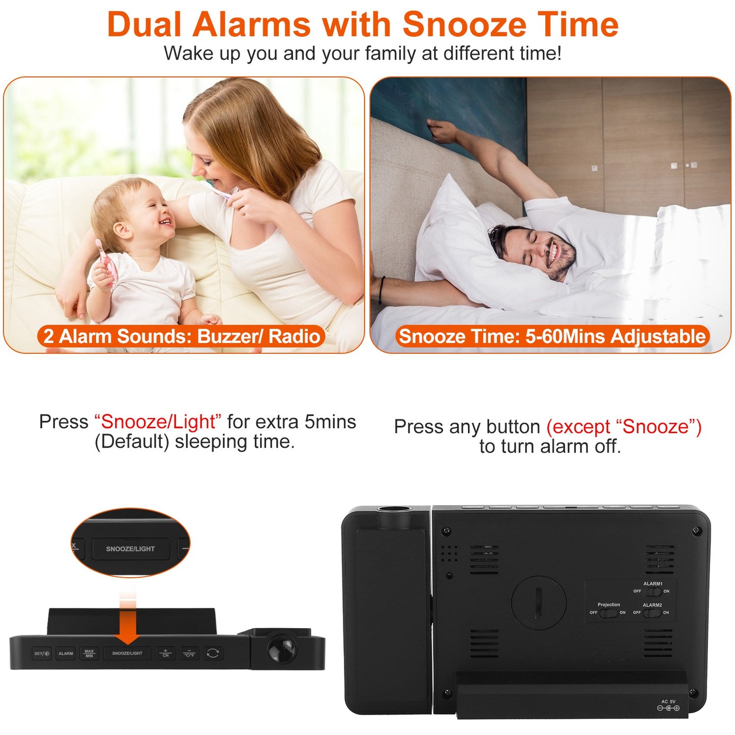 Atomic Projection Alarm Clock with Weather Station & Dual Alarms