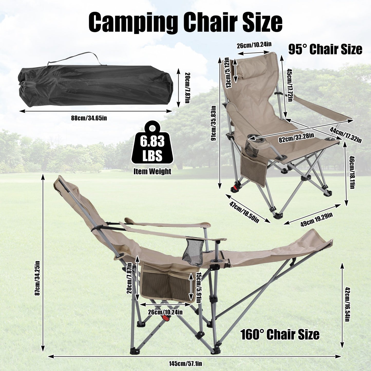 Reclining Camping Chair with Footrest - 4-Position Adjustable