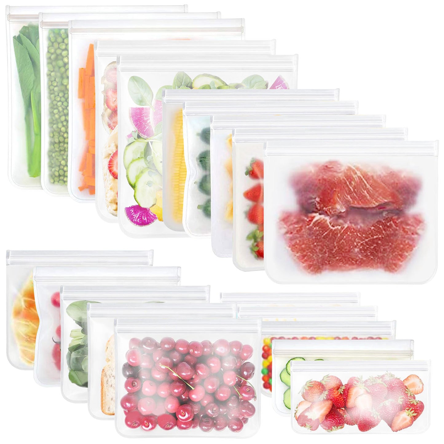 Reusable Food Storage Bags Set of 20 - Leakproof PEVA Freezer Bags