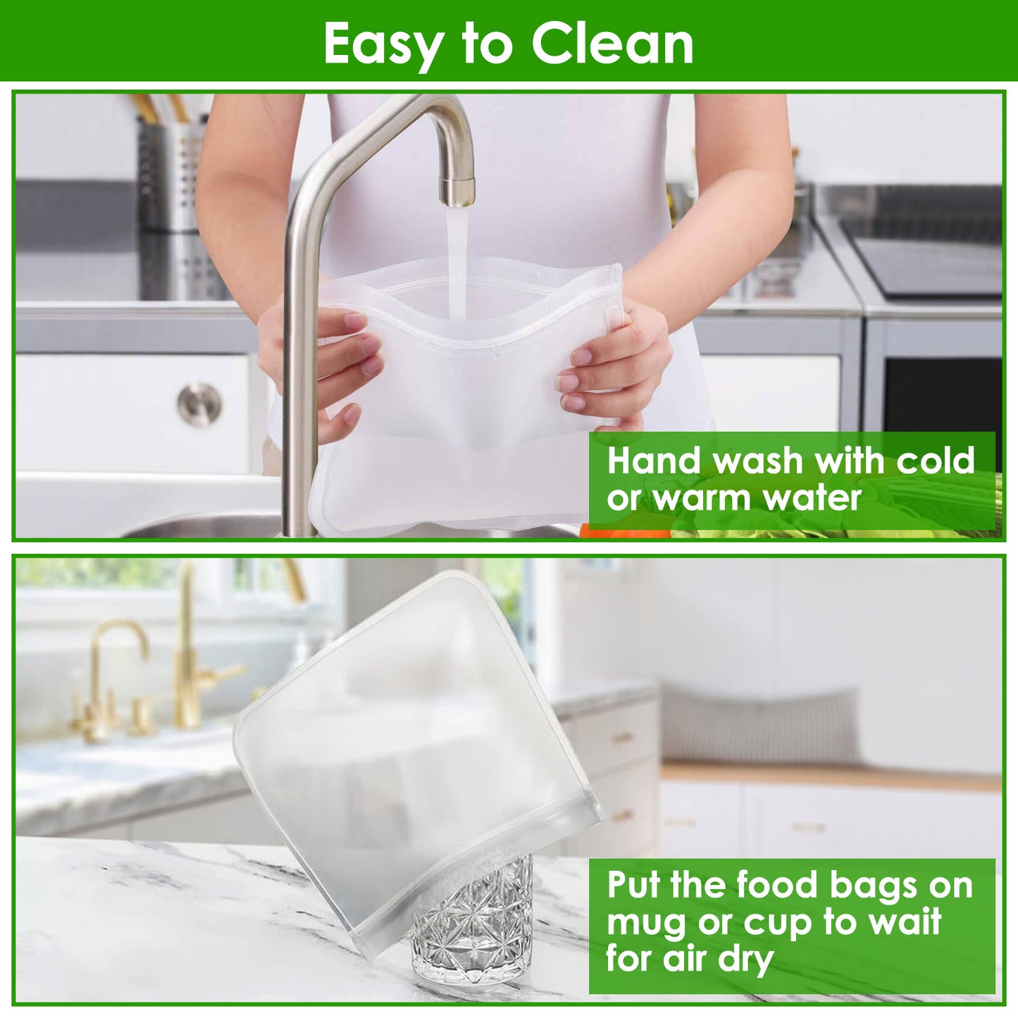 Reusable Food Storage Bags Set of 20 - Leakproof PEVA Freezer Bags