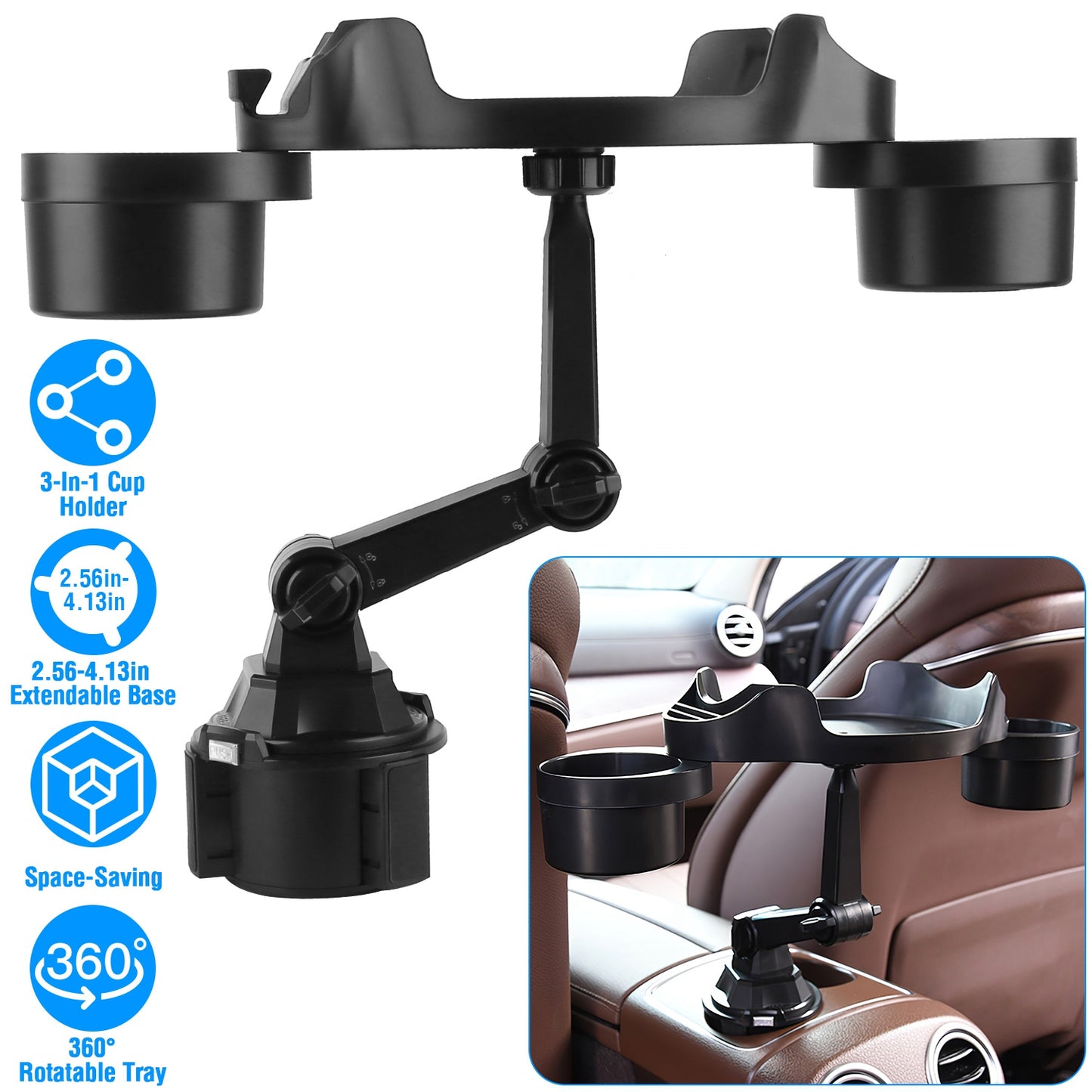 Car Cup Holder Expander with 360° Rotating Tray & Phone Slot