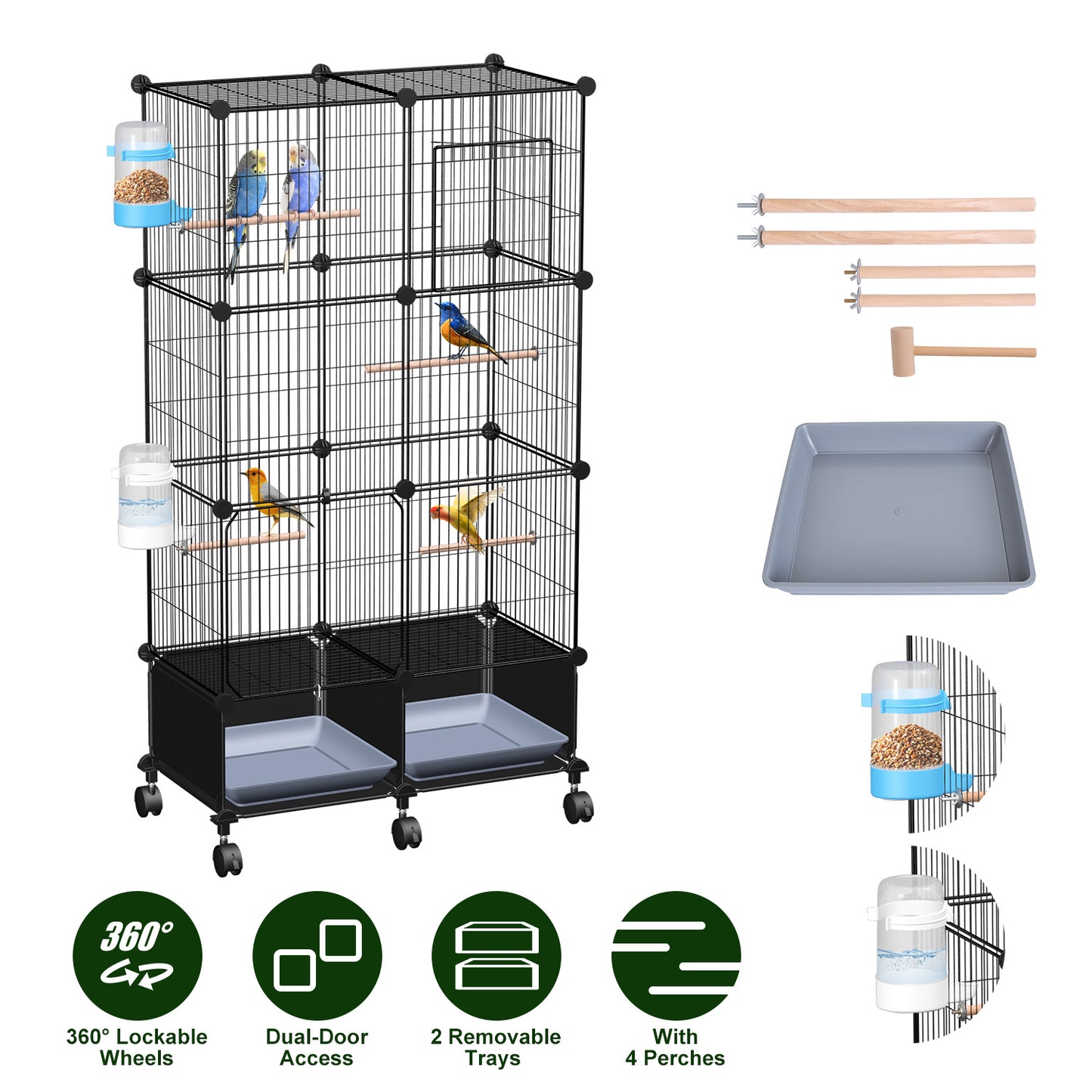 46in Bird Cage with Wooden Perches and Lockable Wheels