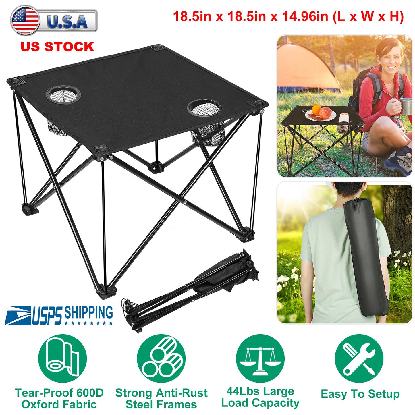 Foldable Camping Table with Cup Holders & Carry Bag (2-Pack)