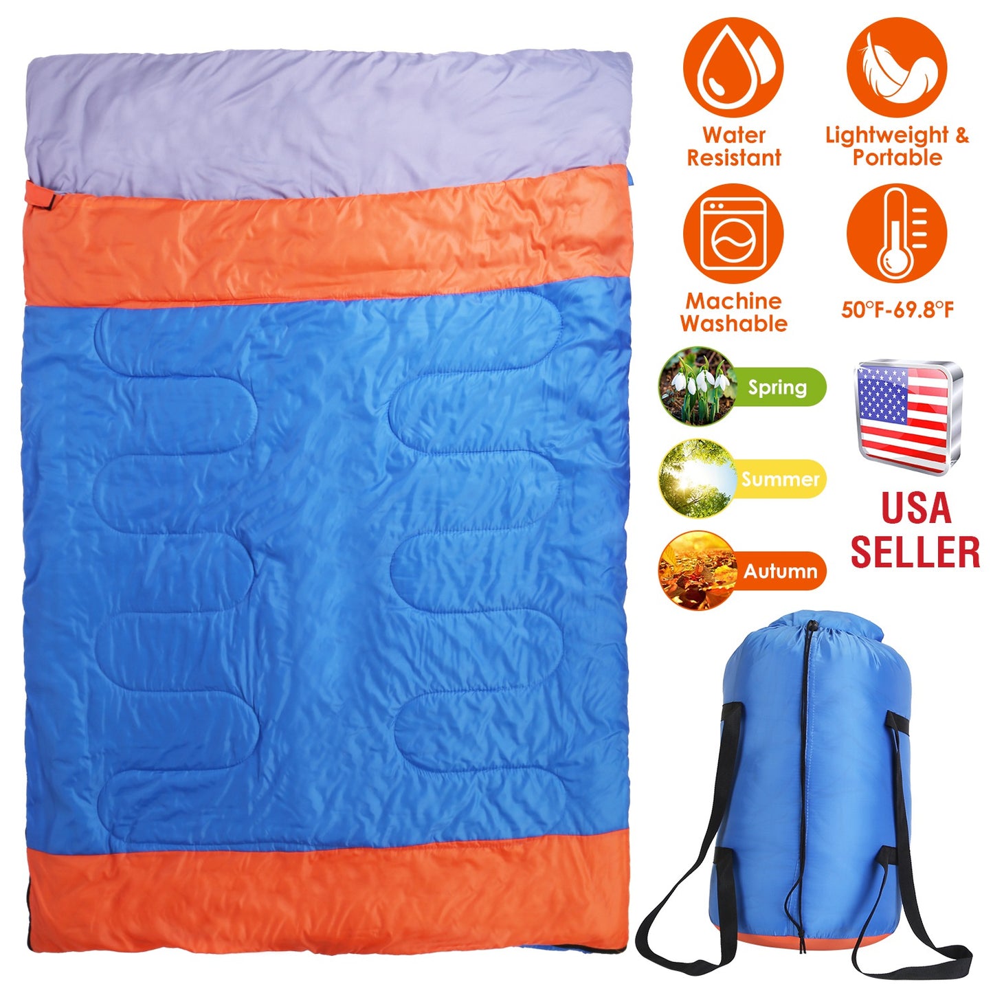 Double Sleeping Bag for 2-3 People - Water Resistant Cotton