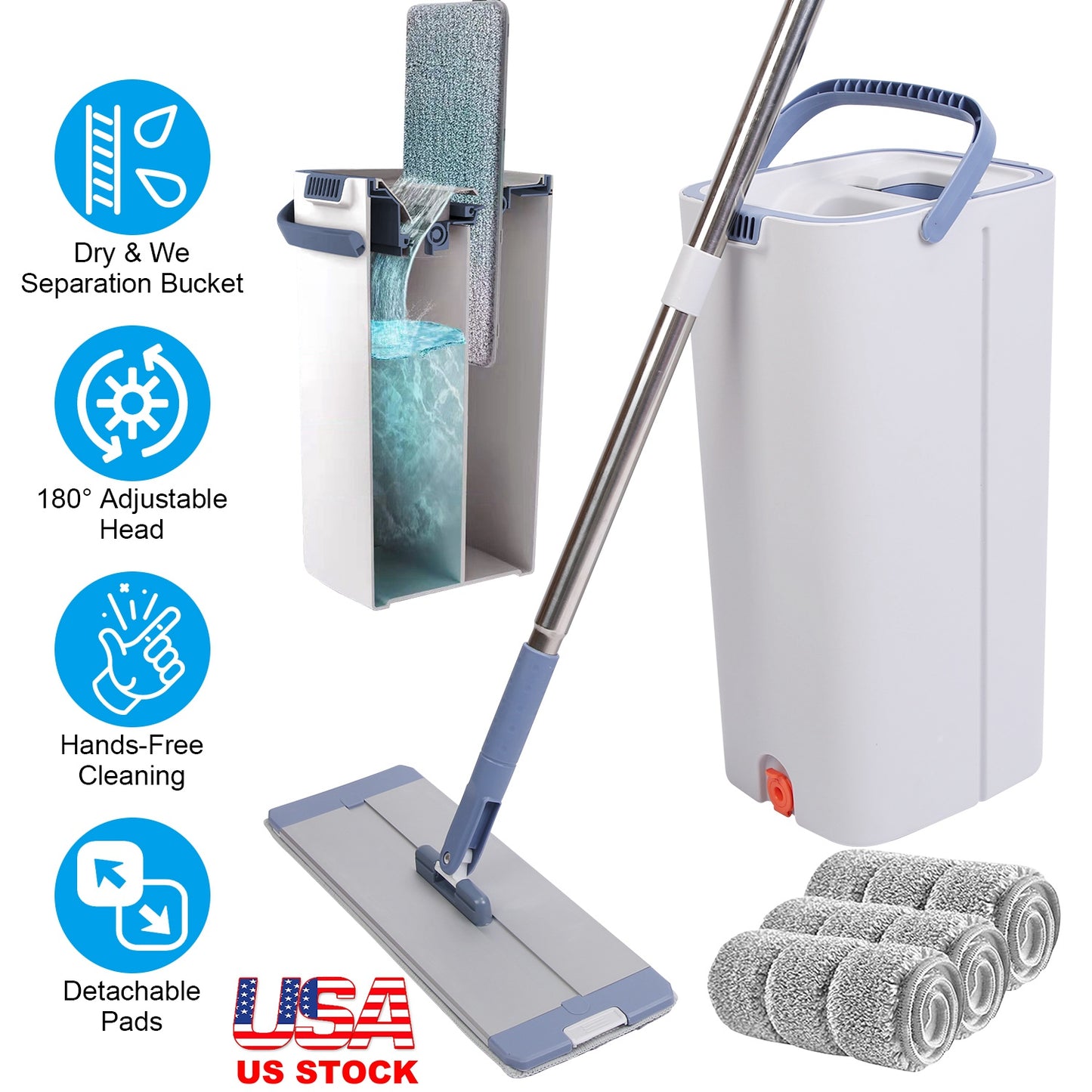 Flat Mop and Bucket Set with Wringer and 3 Microfiber Pads
