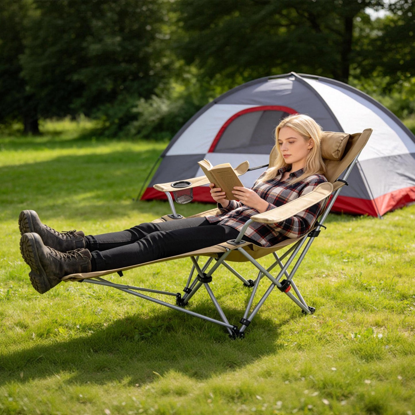 Reclining Camping Chair with Footrest - 4-Position Adjustable