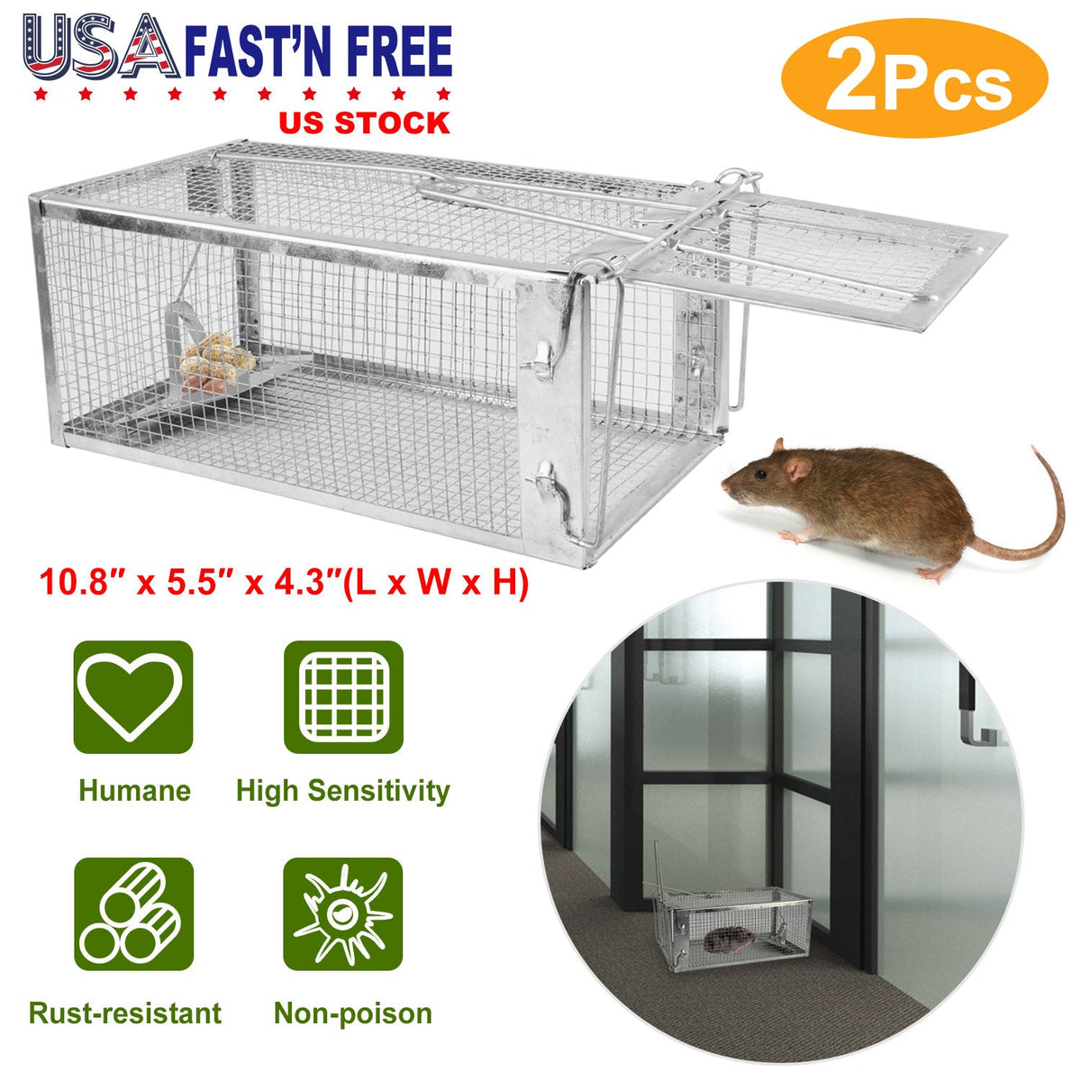 2 Pack Rat Trap Cage Humane Live Rodent Trap Cage Galvanized Iron Mice Mouse Control Bait Catch with Detachable U Shaped Rod