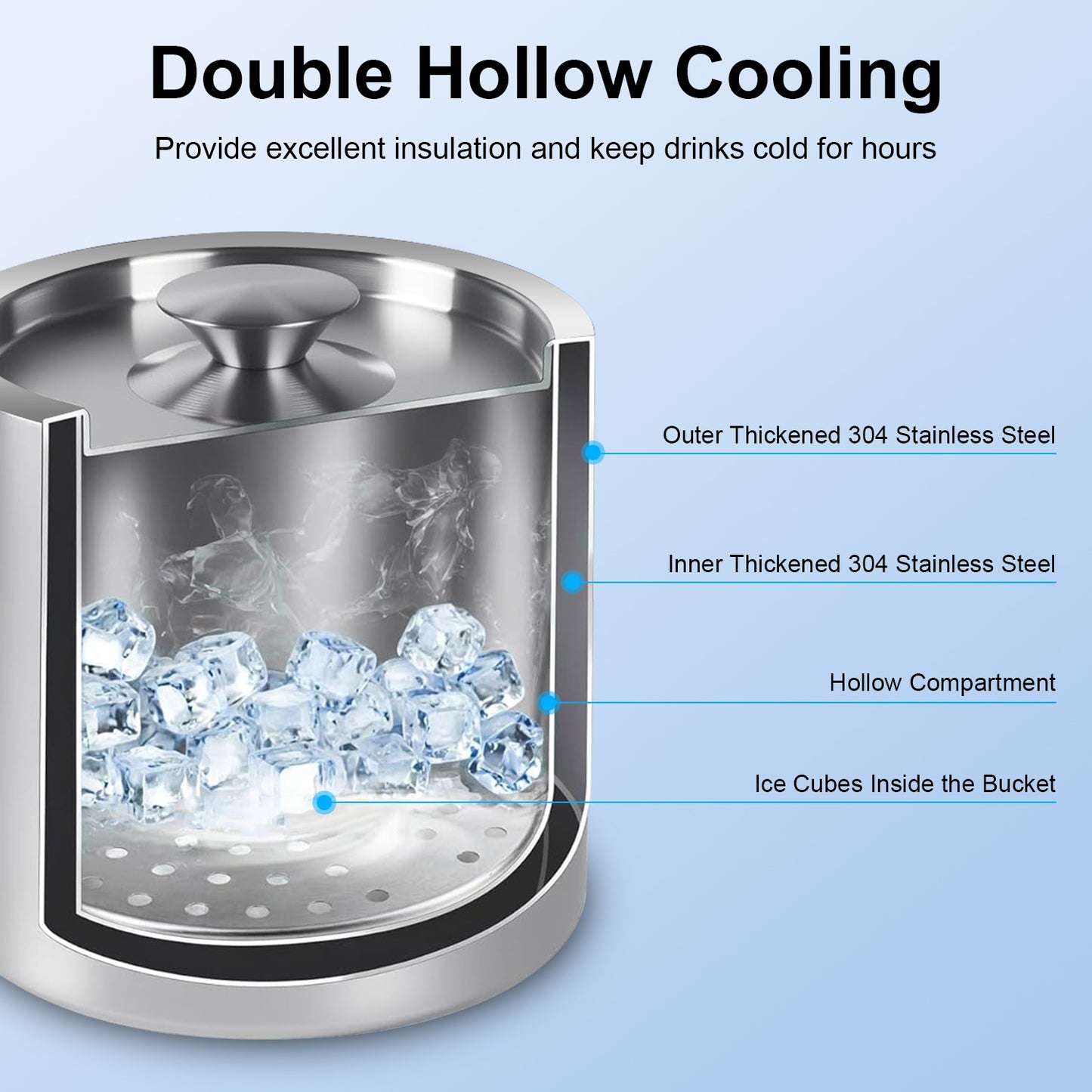 Insulated Ice Bucket 3L Double-Wall Stainless Steel with Lid
