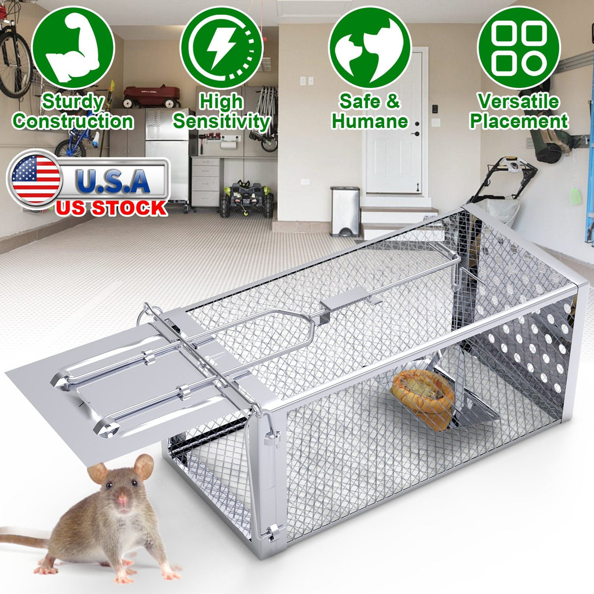 Single Door Rat Trap Cage Humane Rodent Trap Mouse Trap Indoor Outdoor for Small Rodents Mice Voles Hamsters