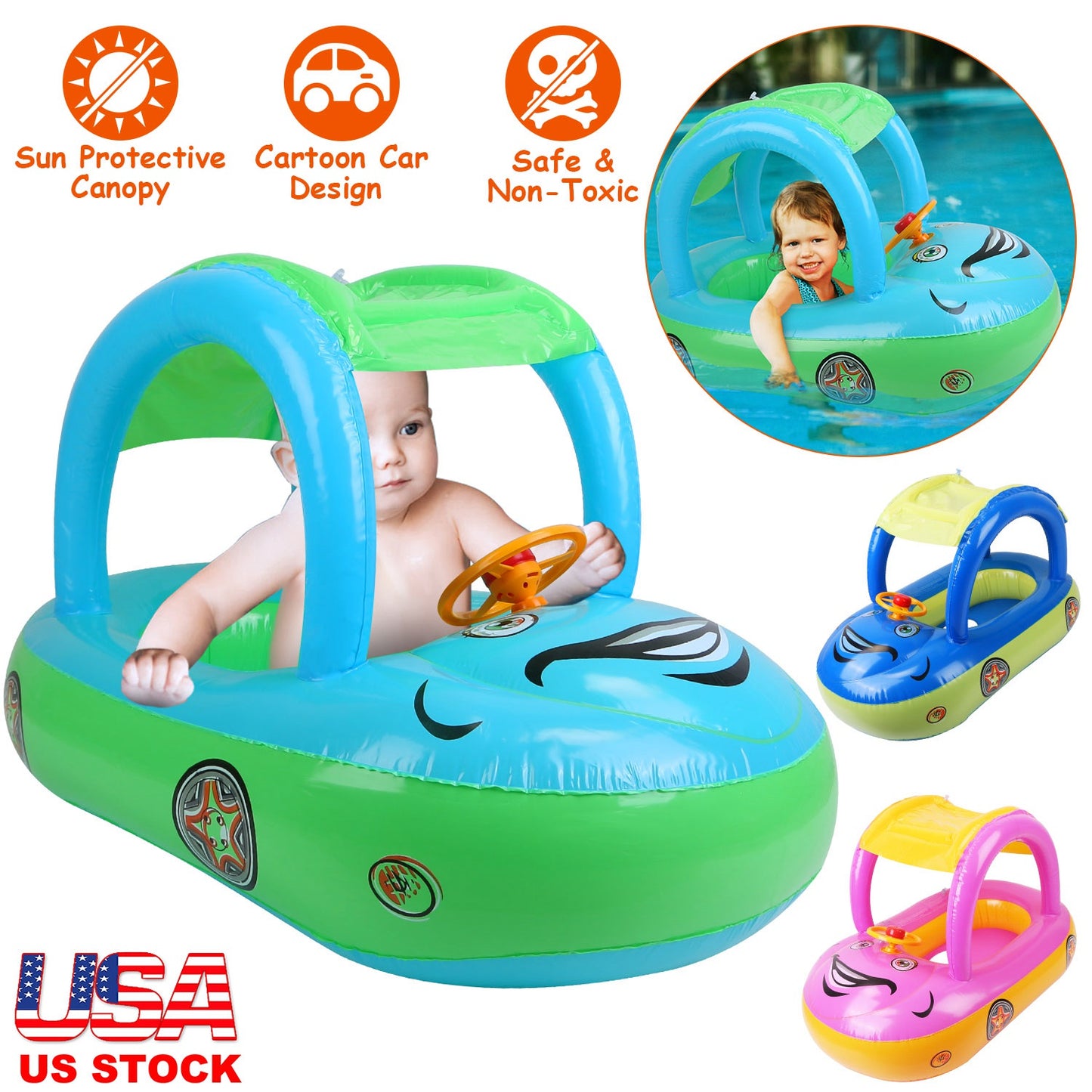Baby Pool Float with Sun Canopy - Car Shaped Swim Ring