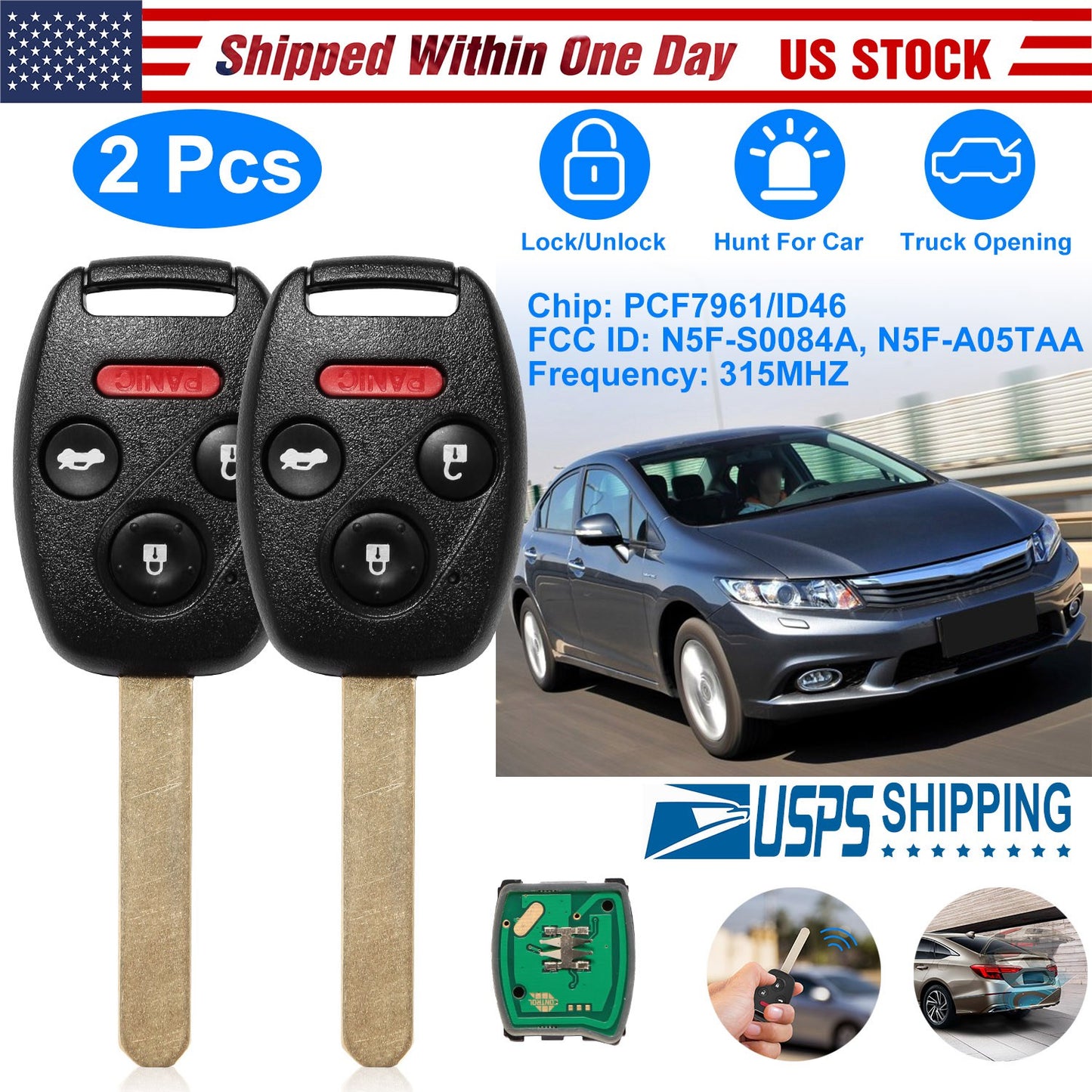 Remote Key Fob for Honda Civic 2006-2013 (2-Pack)