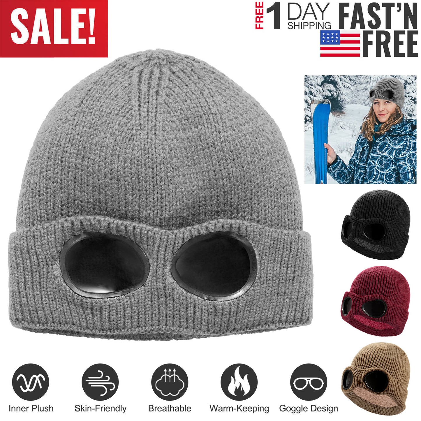 Knit Beanie Hat with Goggle - Warm Winter Skull Cap
