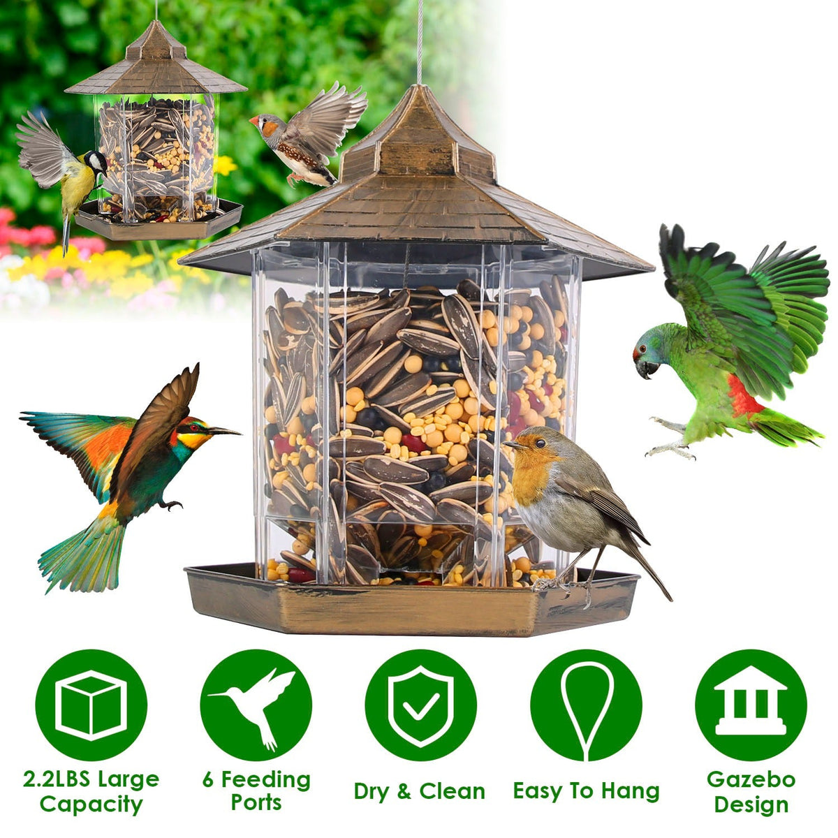 Hanging Gazebo Wild Bird Feeder Outdoor Bird Seed Station with Large Capacity 6 Feeder Ports for Garden Patio Park Weatherproof Easy To Refill