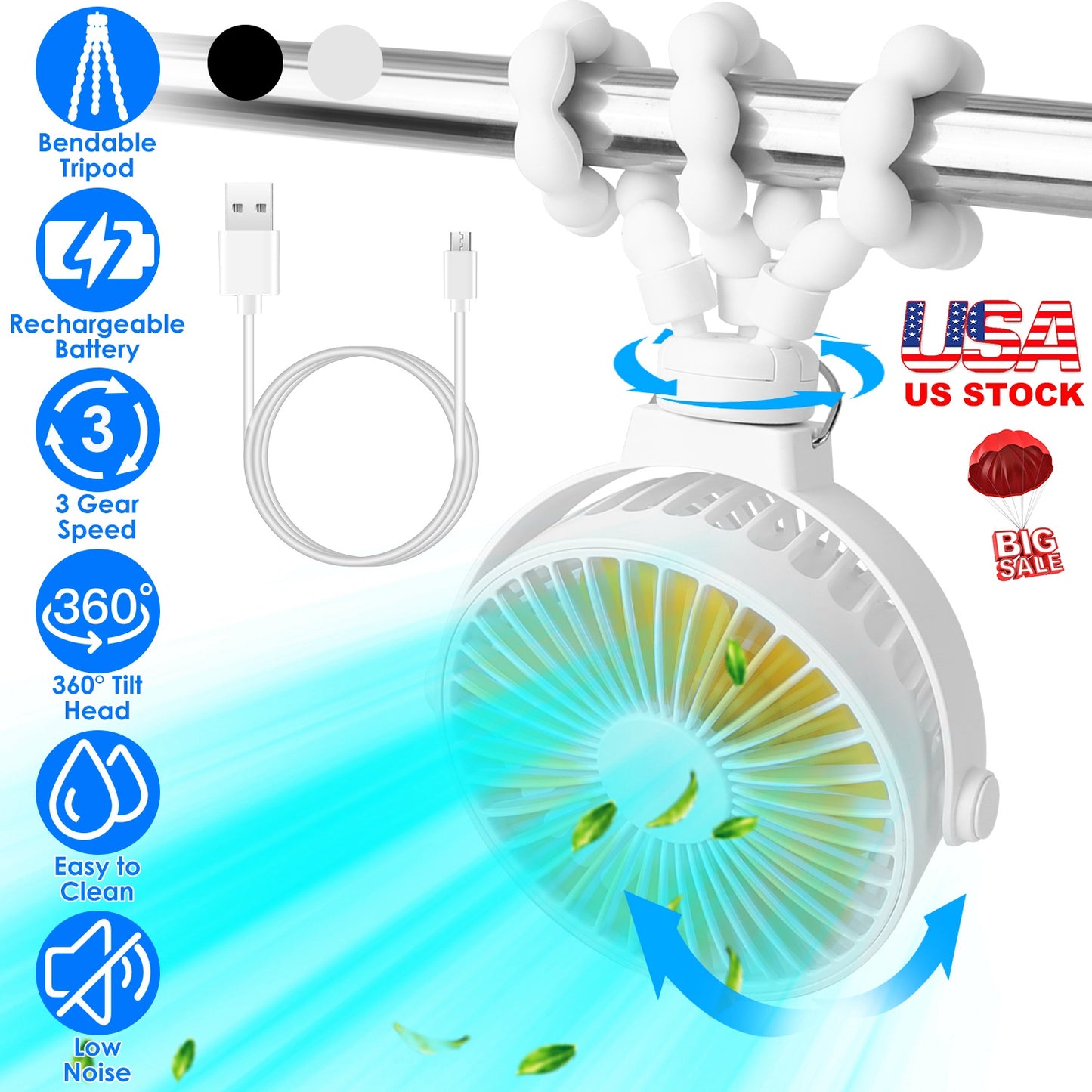 Portable Stroller Fan with Flexible Tripod & Rechargeable Battery