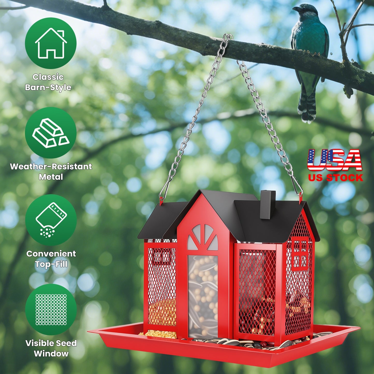 Barn Bird Feeder with Transparent Window & Lift Top Lid