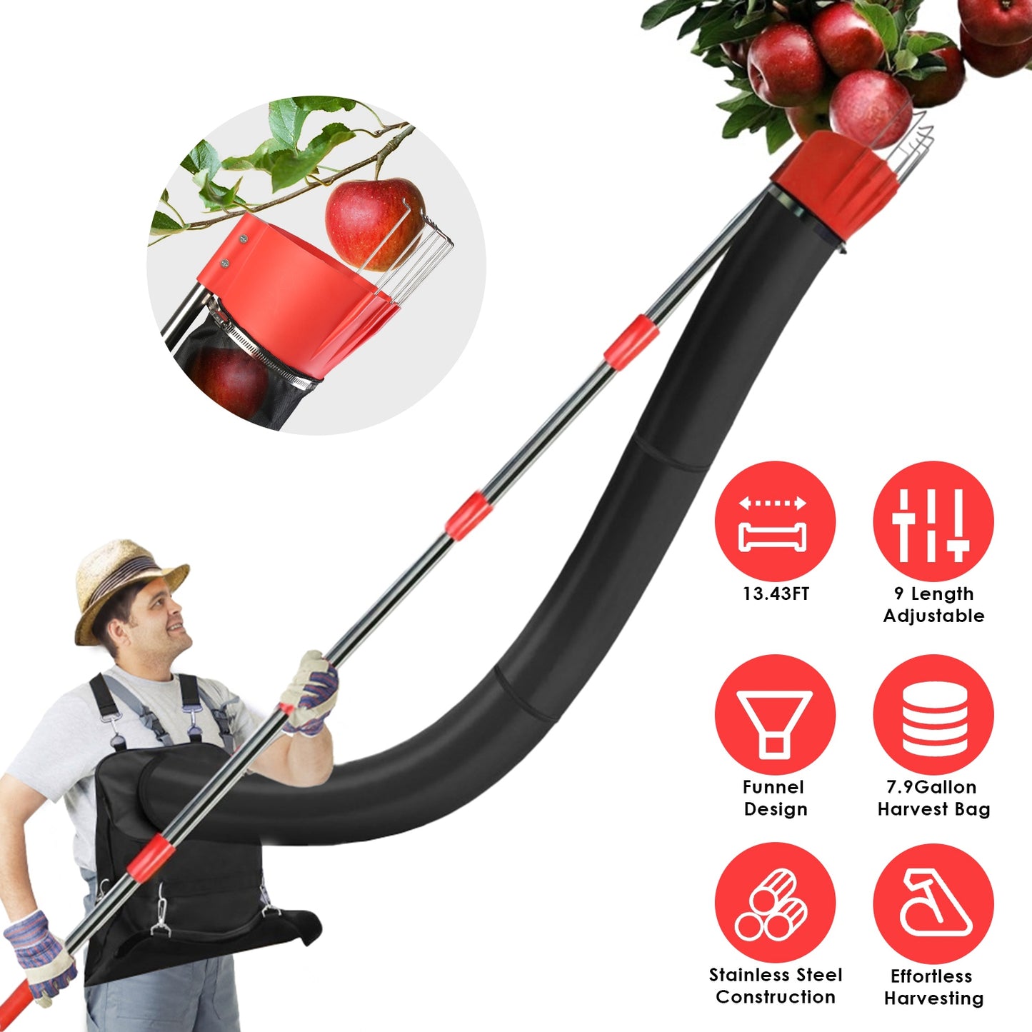 Fruit Picker Pole with Harvest Bag - 13.43ft Telescopic Reach
