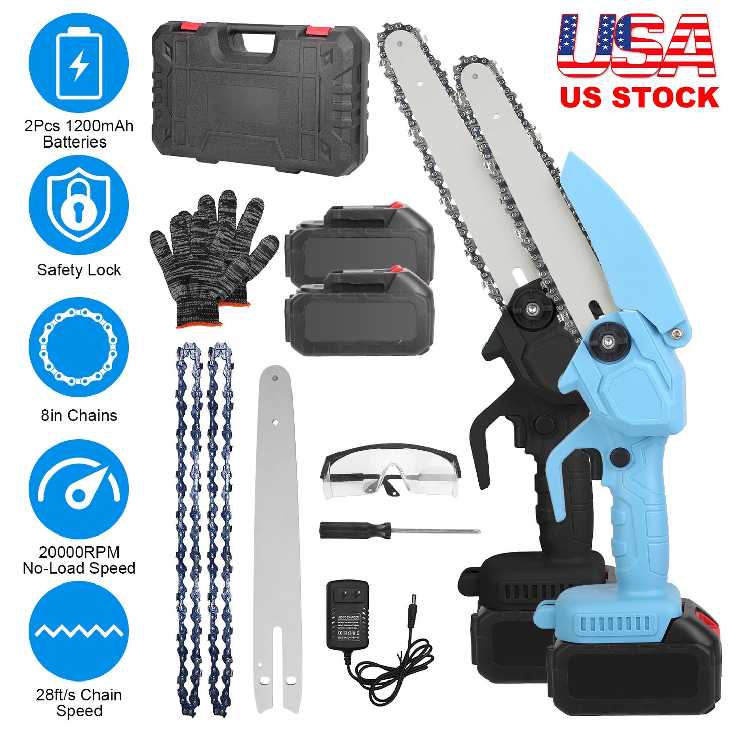 Mini Chainsaw Cordless 8-Inch with 2 Batteries and Accessories