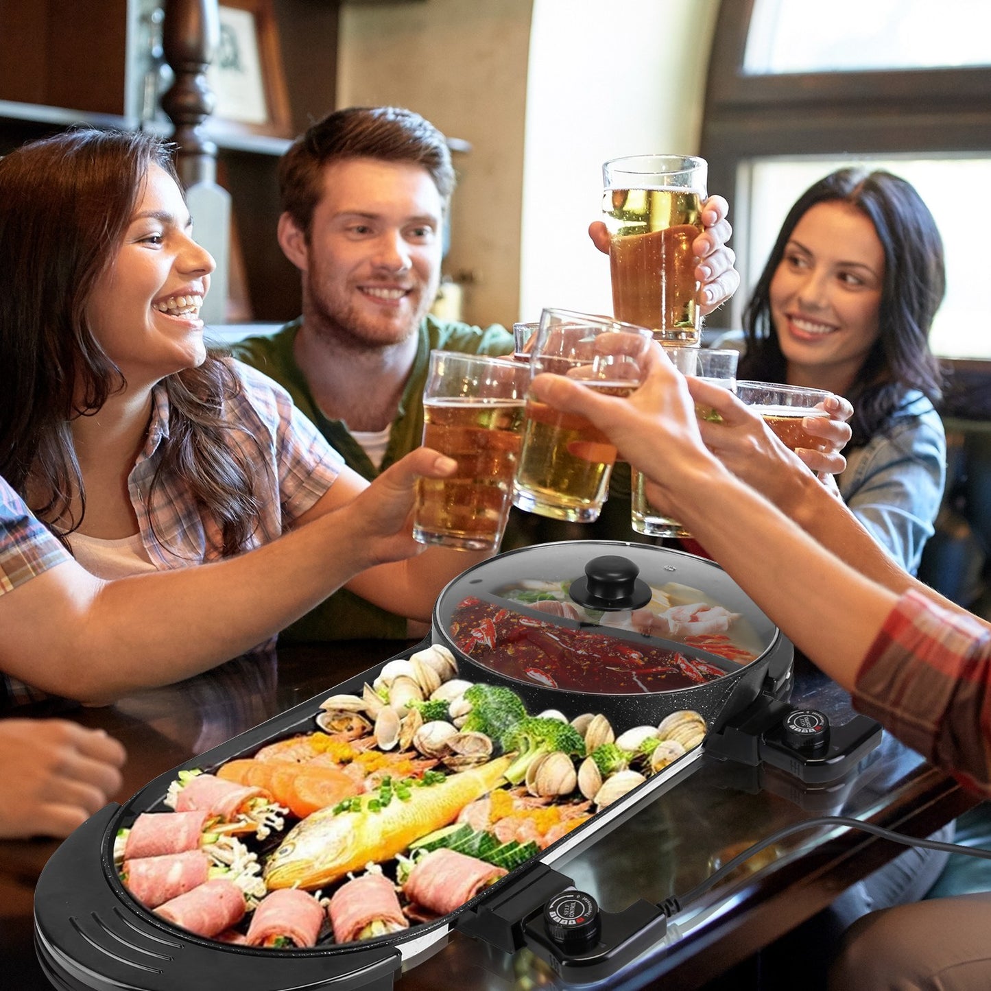 Electric Hot Pot with BBQ Grill 2-in-1 Cooker 2200W