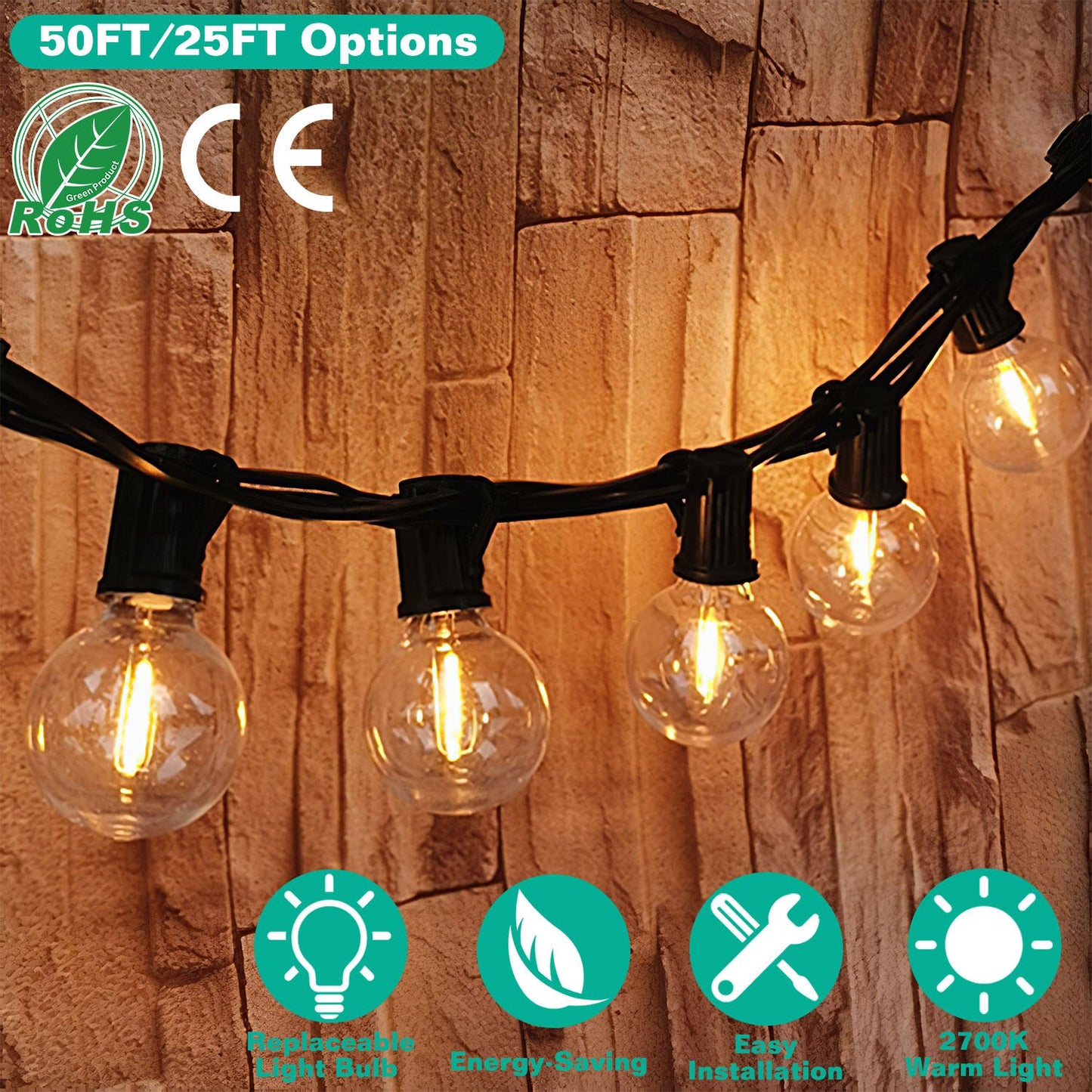Globe String Lights 25FT Outdoor Indoor with 25 Warm Bulbs