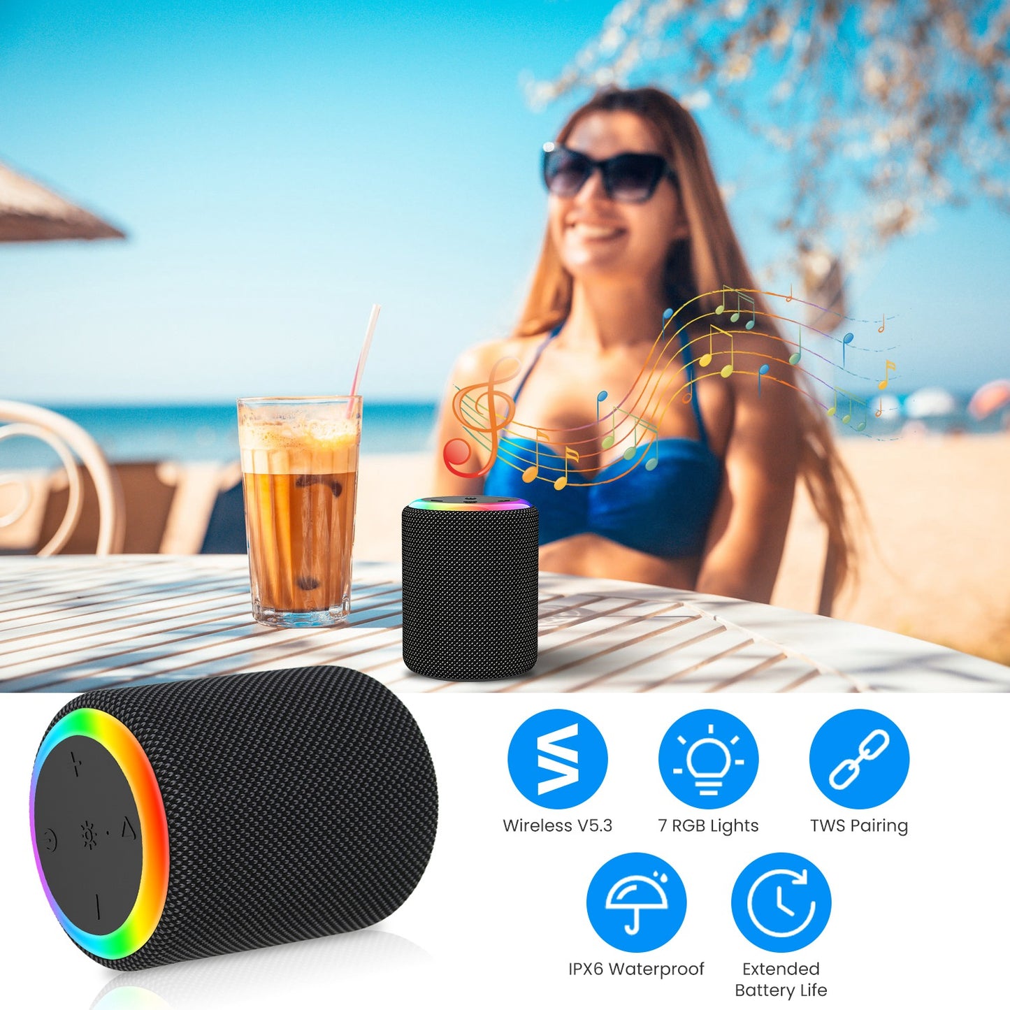 Portable Wireless Speaker with RGB Lights & IPX6 Waterproof