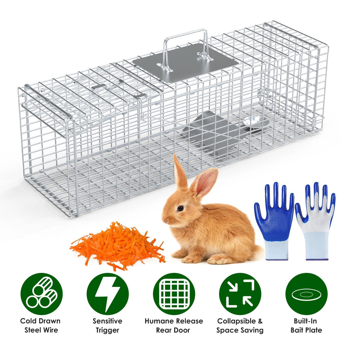 Live Animal Trap Cage 27x7.5x8in Folding Catch and Release Steel Humane Cat Trap for Racoons Stray Cats Rabbits Beavers Hedgehogs Chipmunk Small Anima