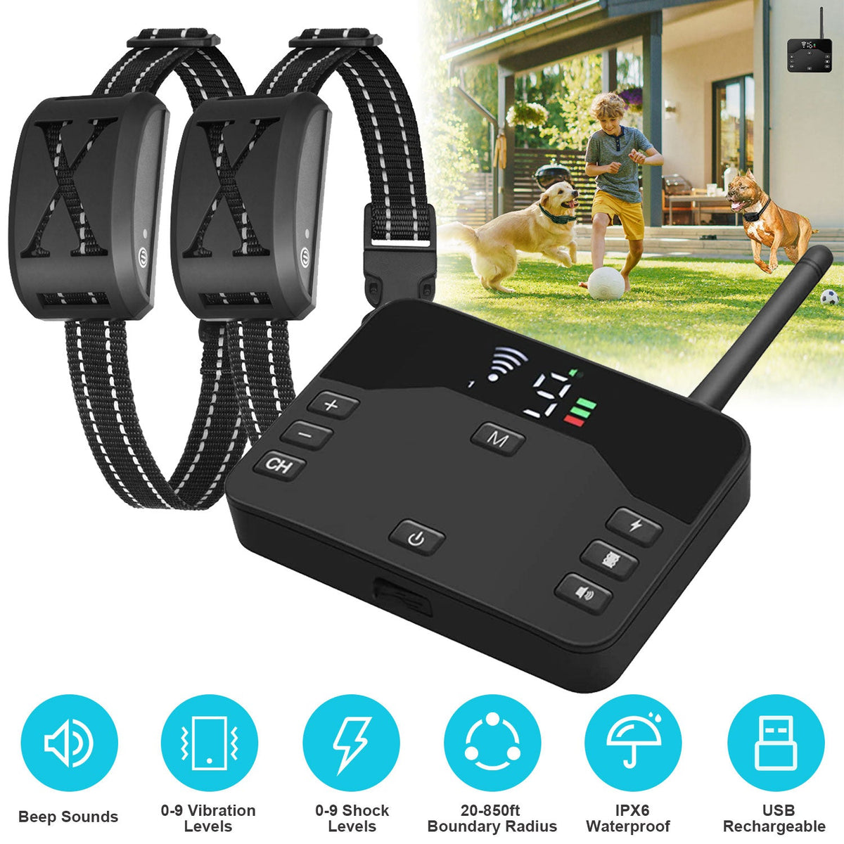 2 In 1 Wireless Electric Dog Fence Waterproof Pet Shock Boundary Containment System Electric Training Collar with 2 Receiver Collars for Small Medium